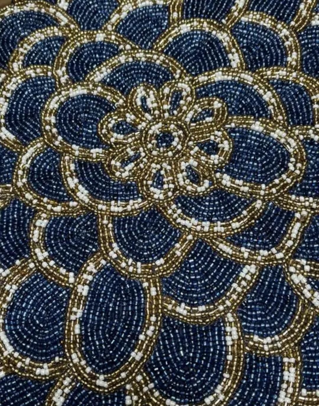 Beaded Table Runner, Navy Blue Floral Design, Handcrafted Glass Seed Beads, Decorative Home Accent