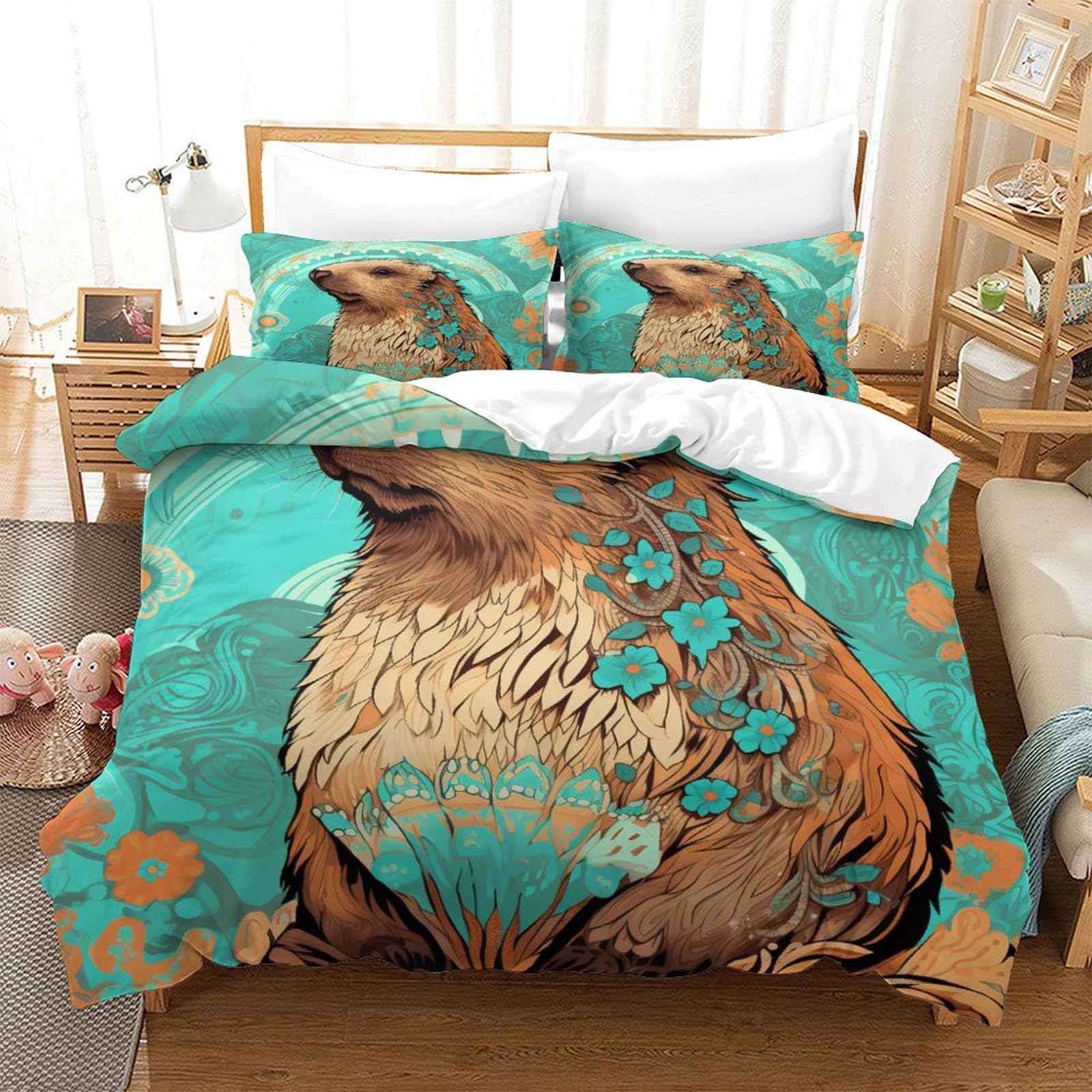 P1S9U7W5Y Artistic Bear Floral 3D Printed Duvet Cover Set 3 Pieces Microfiber Bedding Set for Adults Bedroom Decor Double（200x200cm）