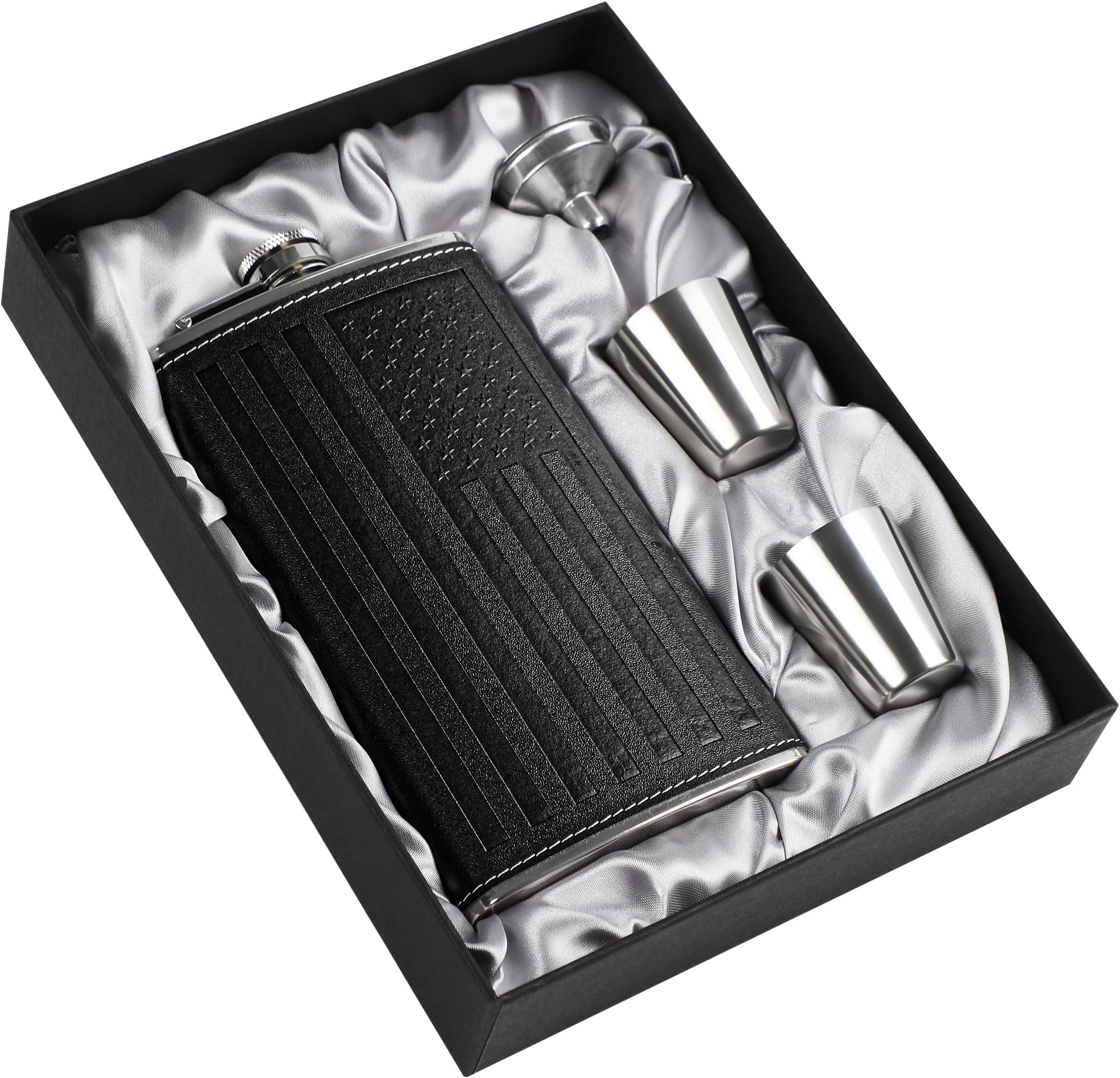 Flask For Men,350ml/12oz Hip Flask, 304 Food Grade Stainless Steel,2 Cups And Funnel Portable Gift Box For Whiskey Rum Groomsman Best Man Usher Wedding-Leather America Flag Black