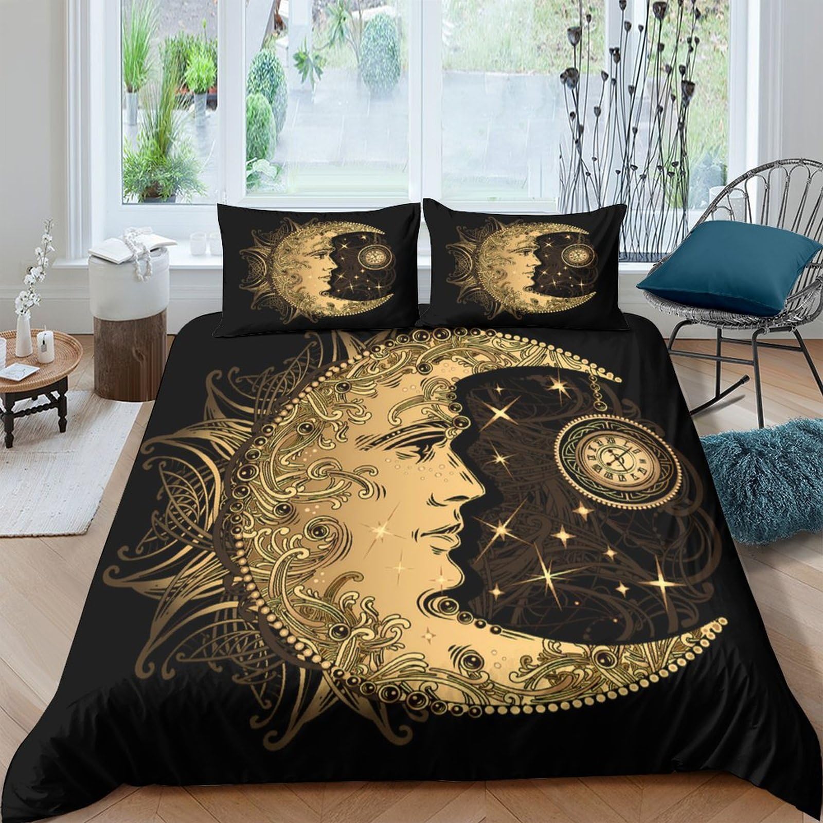 Ctjqhvkz Style-6 3D Printed Golden Moon Fitted Sheet Microfiber Black Celestial Face Mattress Cover For Bedroom Guest Room Decor Single（135X200cm）
