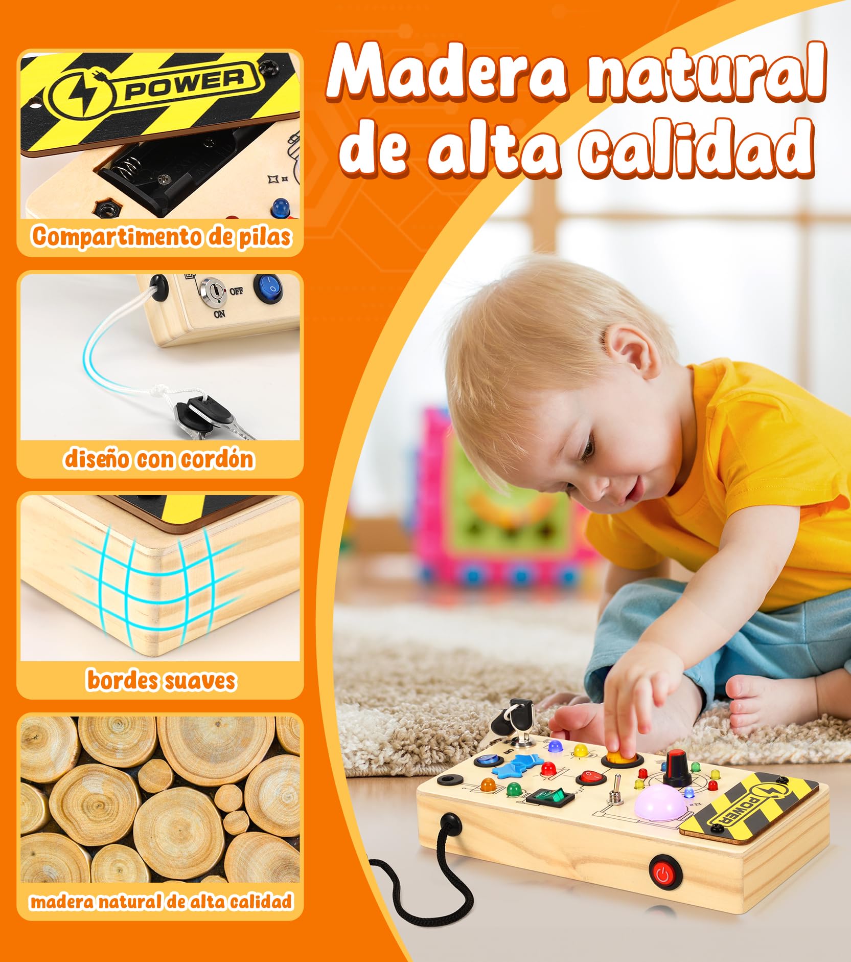 Motessori Busy Board de Actividad Sensorial 1 Año+ con 16 Luces LED y 9 ​​Interruptores, Juguete Educativo Montessori de Madera para Niños y Niñas de 1 a 7 Años, Juguete Educativo de Viaje