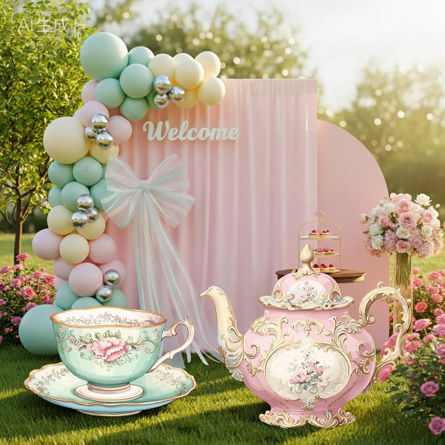 BreezeHug 2 Pcs Tea Party Decoration Large Teapot and Teacup Cardboard Cutout Stand Decor for Wedding Birthday Summer Vintage Garden Princess Teapot Party Baby Shower Favors