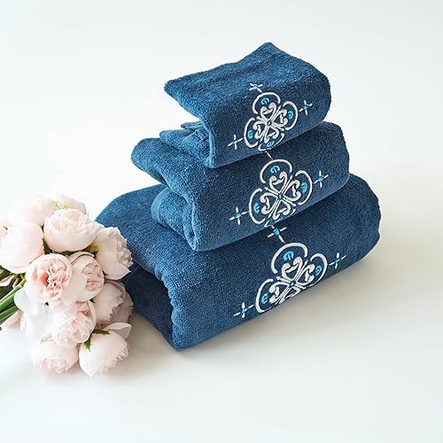 Miniatura 6 de Marina Decoration Premium Luxury Decor Ultra Soft 100% algodón bordado juego de toallas de baño moderno de 3 piezas, Blasón blanco con patrón de
