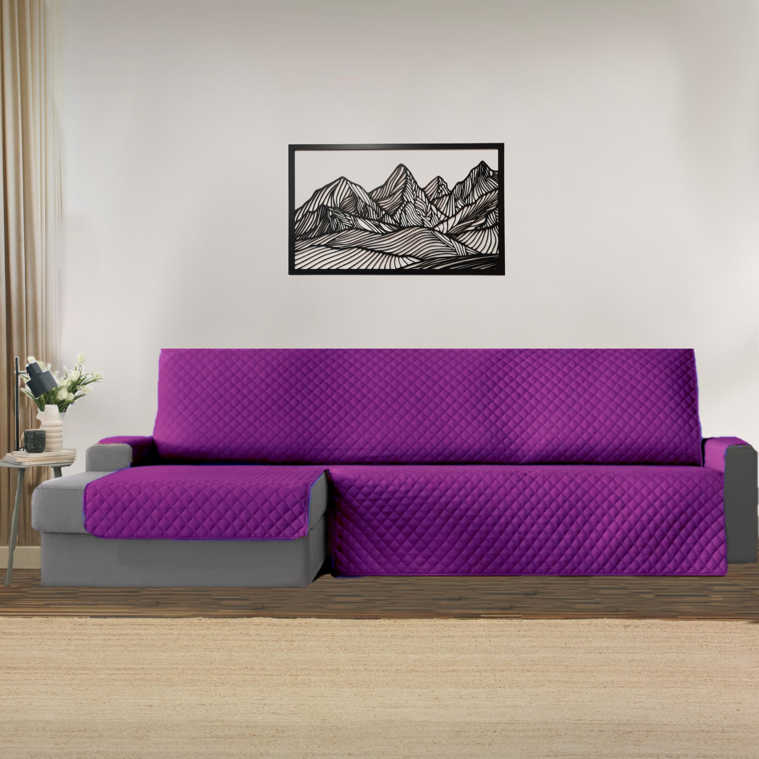 Funda Chaise Longue Brazo Derecho 240cm, Cubre Sofá Ajustable y Lavable, Protector Antimanchas y Resistente, Ideal para Mascotas, Diseño Moderno y Cómodo para el Hogar (Morado/Gris)