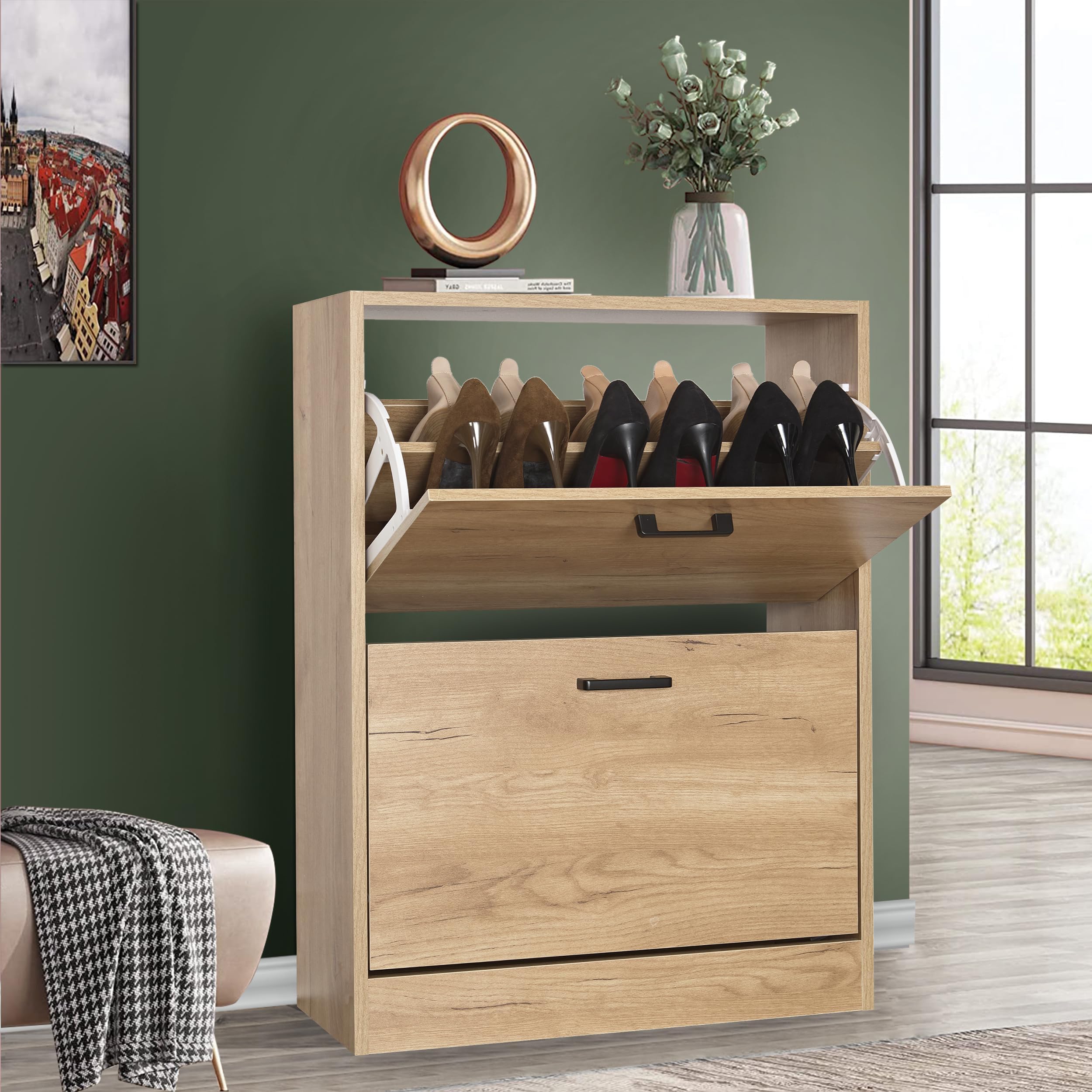 Storage Cabinet with 2 Drawer Shoe Storage Organiser Pull Down 2 Tier Shoe Cupboards for Hallways Narrow Shoes Cabinet for Entryway Slim Cabinet, Pine, 60W x 24D x 80H cm