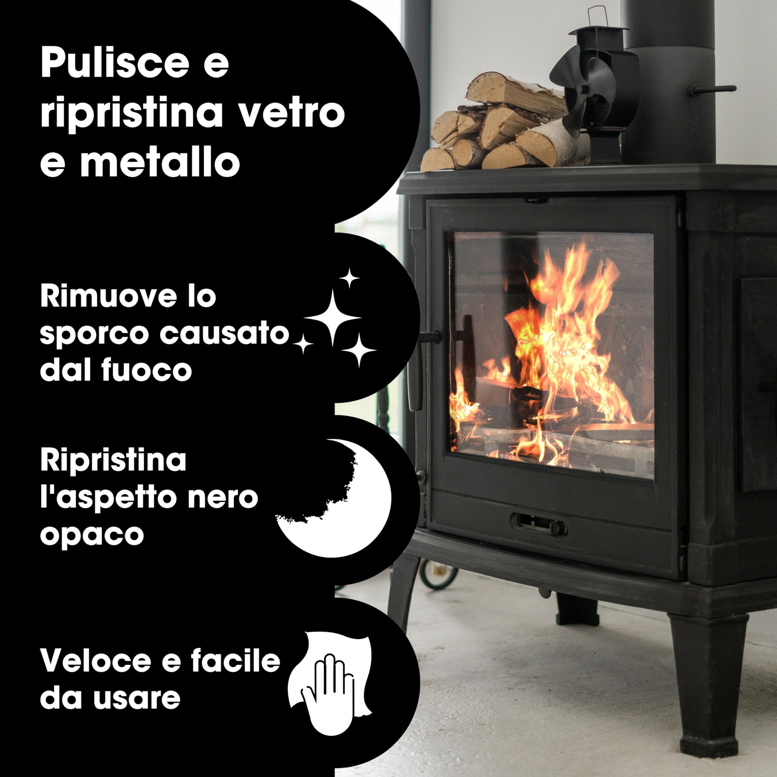 Furniture Clinic Kit per la cura della stufa - Pulisce e rinnova bruciatori a legna, grate e caminetti - Rimuove fuliggine e sporco - Per stufe in vetro e metallo - Detergente e lucidante