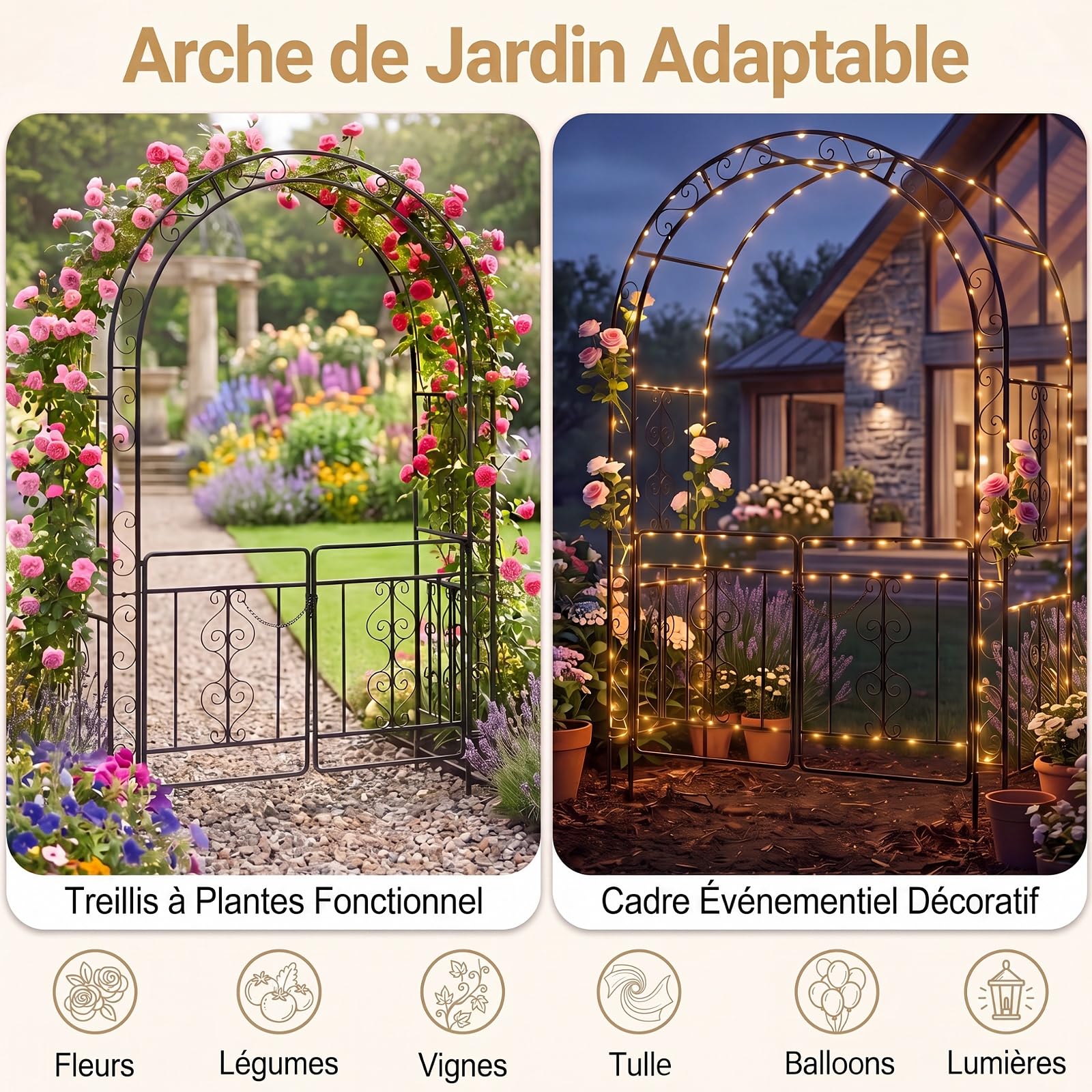 GYMAX Arche de Jardin Extérieure en Métal, Support pour Plantes Grimpantes | Double Portillon Verrouillable, pour Rosiers et Vignes, Décoration pour Pelouse Allée Mariage Fête, 135 x 60 x 213 cm