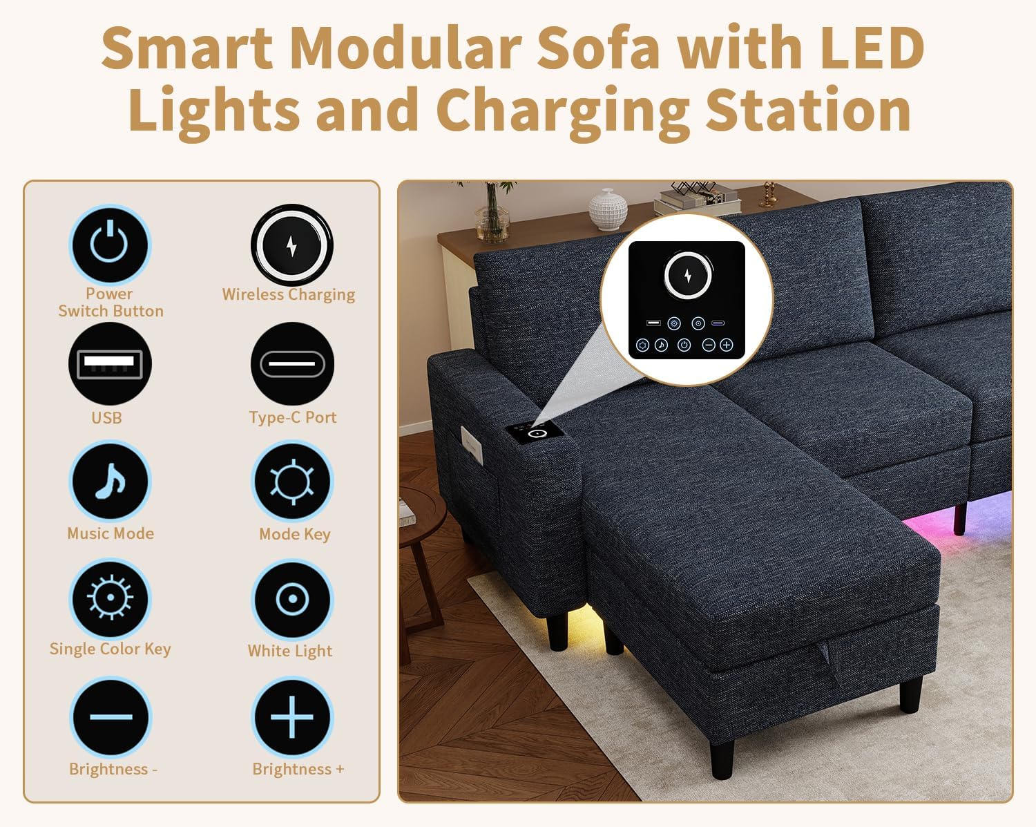 Smart Sectional Couches for Living Room, 4 Seat U/L Shaped Sectional Sofa with RGB Light/Charging, Modern Living Room Furniture for Apartments/Office/More (Blue)