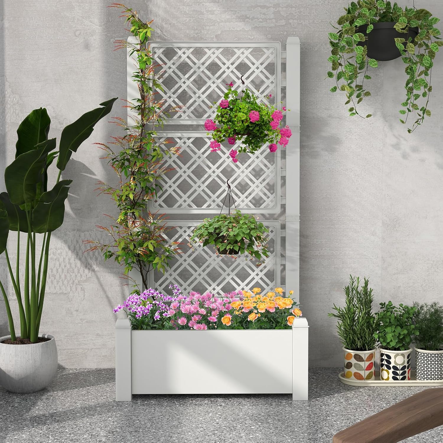Garden Planter with Trellis, Self Watering Raised Garden Bed with Drainage Hole & Water Level Monitor, Outdoor Planter Box for Climbing Plants, Vegetable & Flower (Greyish-White)