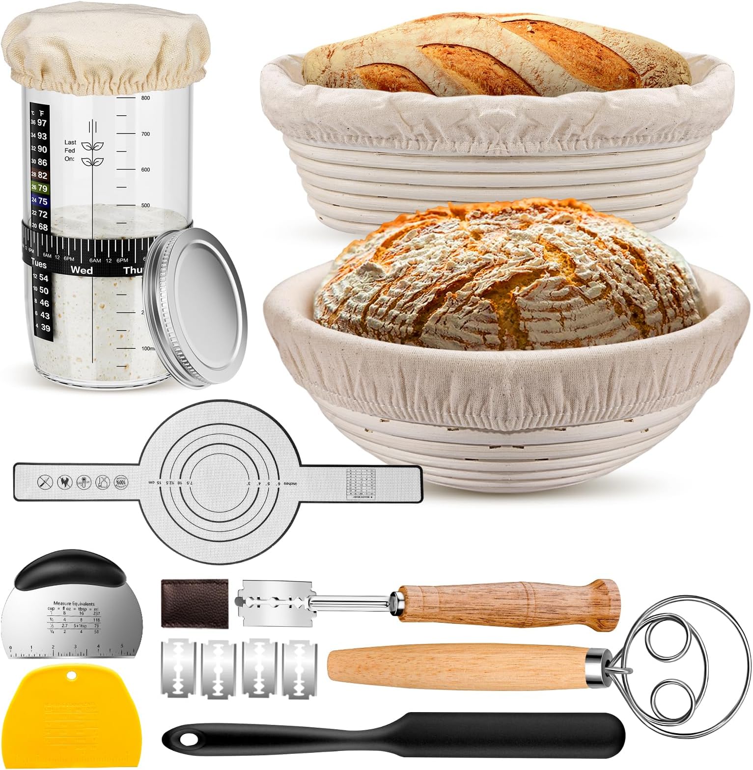 Sourdough Starter Kit, Sourdough Bread Baking Supplies with 2 Bread Proofing Baskets for Sourdough, 36oz Sourdough Starter Jar, Bread Lame, Dough Scraper, Dough Whisk & Silicone Bread Sling