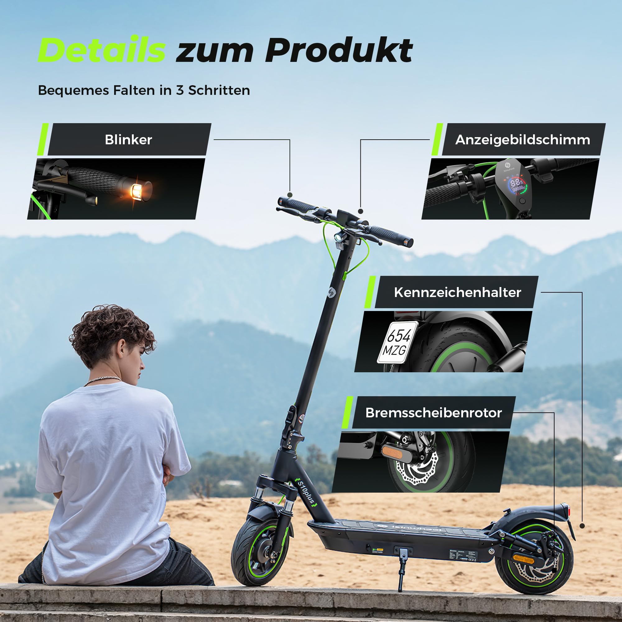E Roller mit Straßenzulassung, Max 60KM Reichweite E Scooter mit Blinker, 10 Zoll Elektroroller mit Dämpfung und APP, Faltbarer Elektro Scooter bis 120KG, 500W Elektro Roller Erwachsene für Pendeln