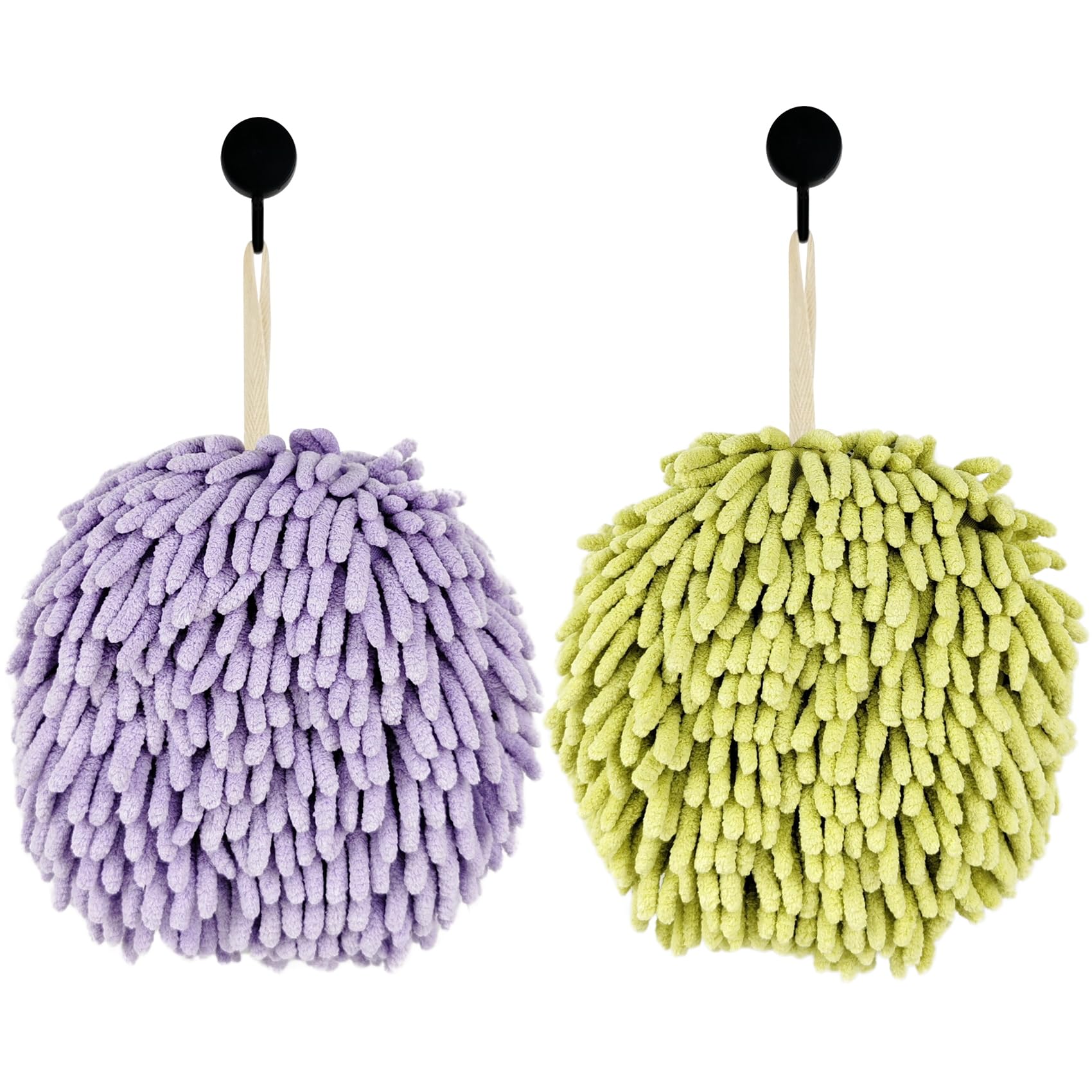Fuzzy Ball Hand Towels, Set of 2, Chenille Quick Dry, 6.9inch (green+purple)