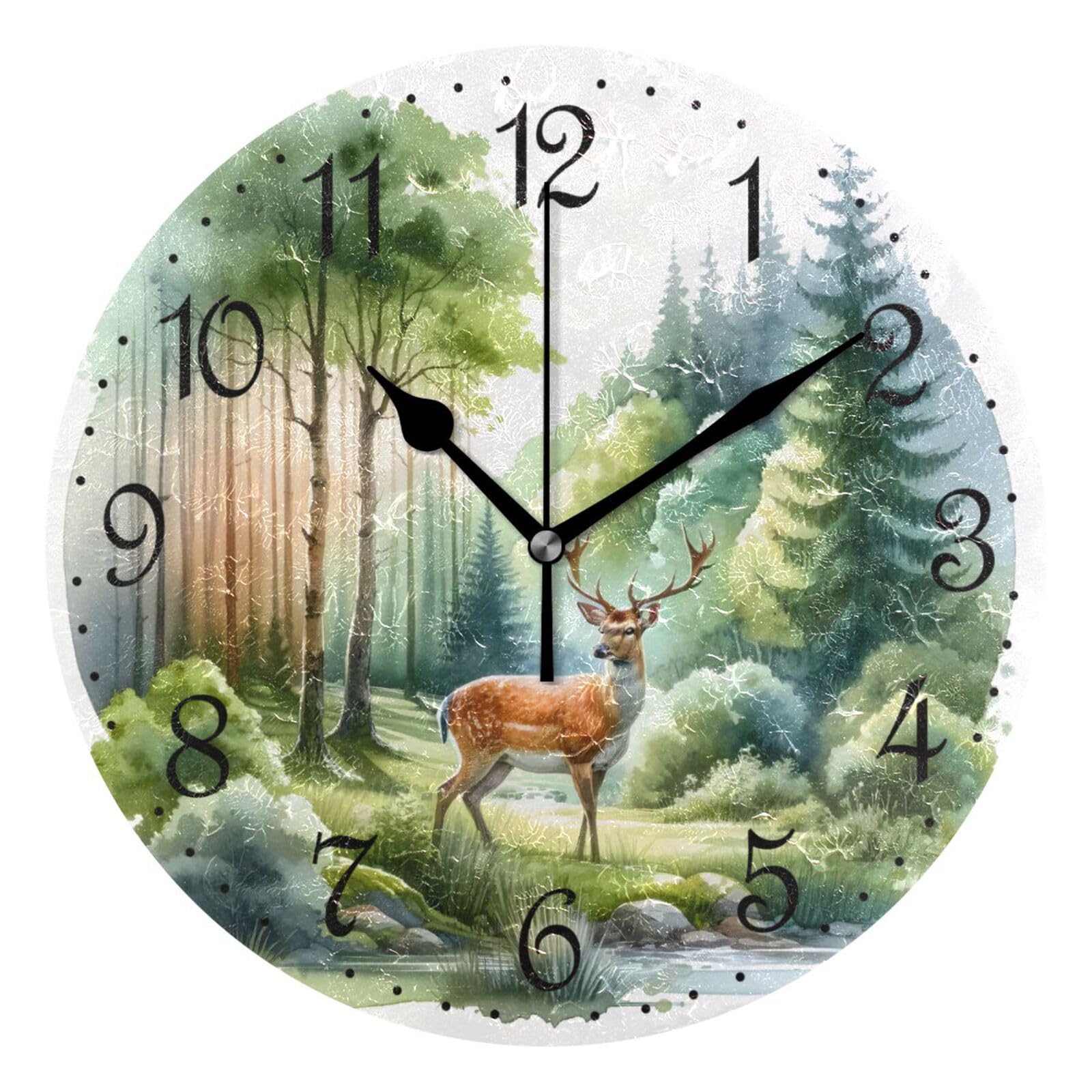 Mnsruu Wall Clock A Beautiful Deer Forest, Silent Non-Ticking Decorative Wall Clocks Battery Operated 25x25cm