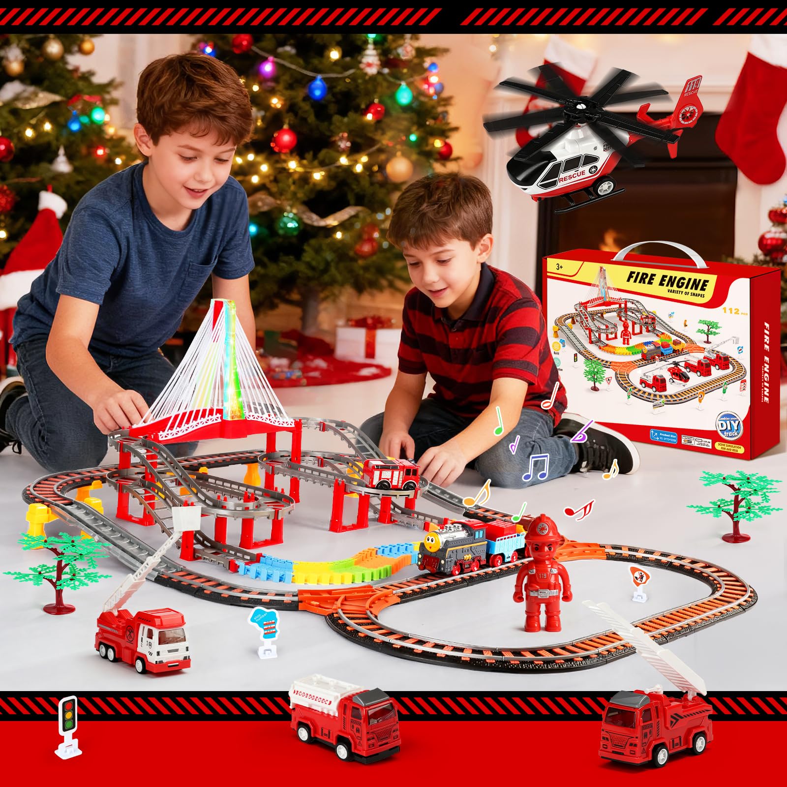 JONRRYIN Trenino Elettrico per Bambini, 161Pezzi Giocattolo Pista Macchinine, Pista Treno e Auto Elettrico a Tema Pompieri con 4 Camion dei Pompieri, Giocattolo di Costruzione per Bambini 4 5 6 Anni