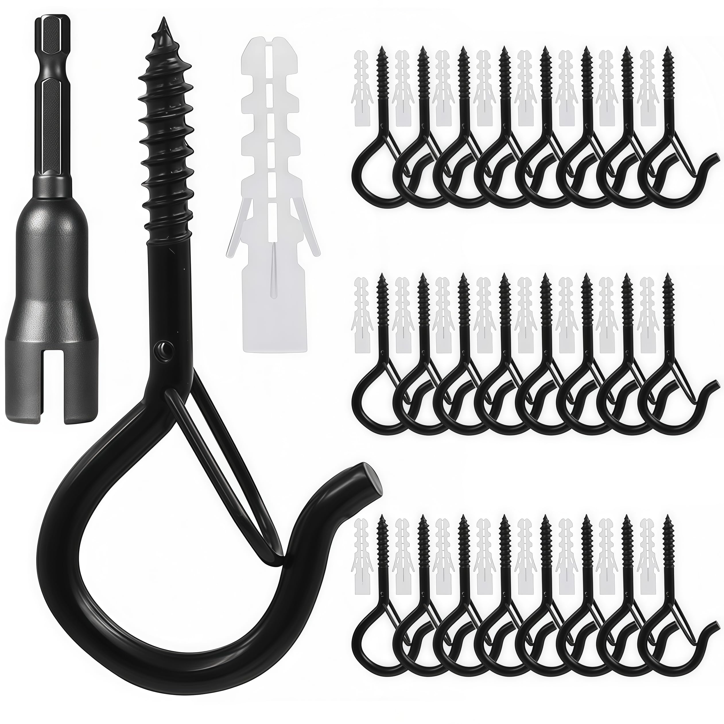 Mostantu 25 Pack Q-Hanger Hooks with Safety Buckle, 25Pcs Windproof Cup Screw Hooks and 25Pcs Plastic Install Anchor and Wing Nut Driver for String Lights Hanging Christmas Lights, Plants (Black)