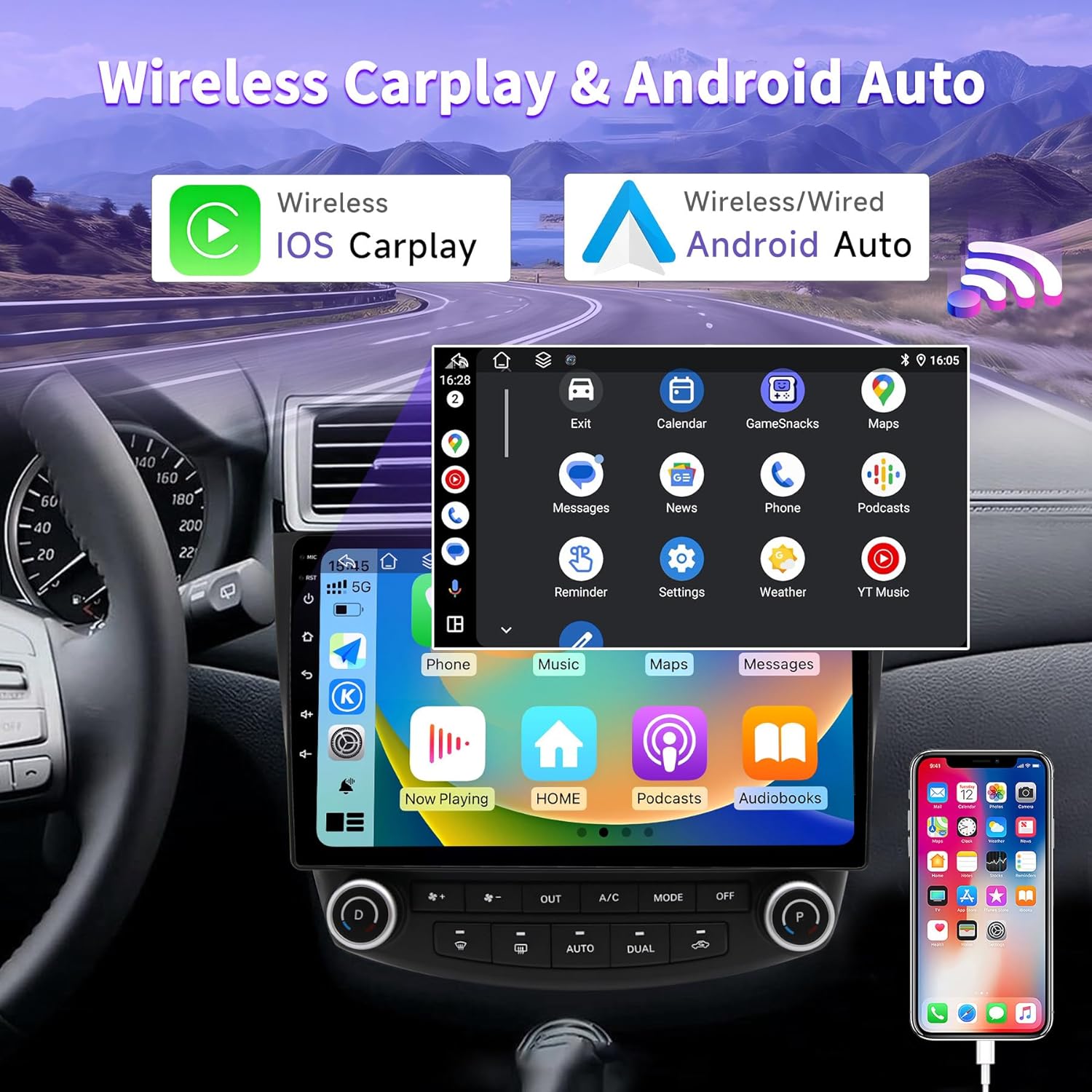 Car Radio Stereo for Honda Accord 7th 2003 2004 2005 2006 2007, Android 13 2G+64G Wireless Carplay Android Auto, 10 inch Touchscreen Car Radio Bluetooth WiFi GPS Navi FM/AM Head Unit, Backup Camera