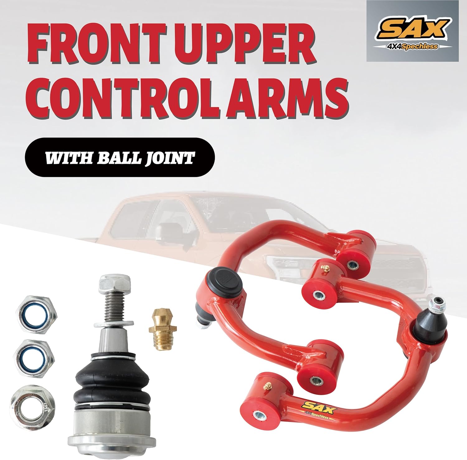 2-4" Front Upper Control Arms for 2004-2020 Ford F150, 2006-2008 Lincoln Mark LT, PU Bushed Red Tubular Arms with Ball Joints