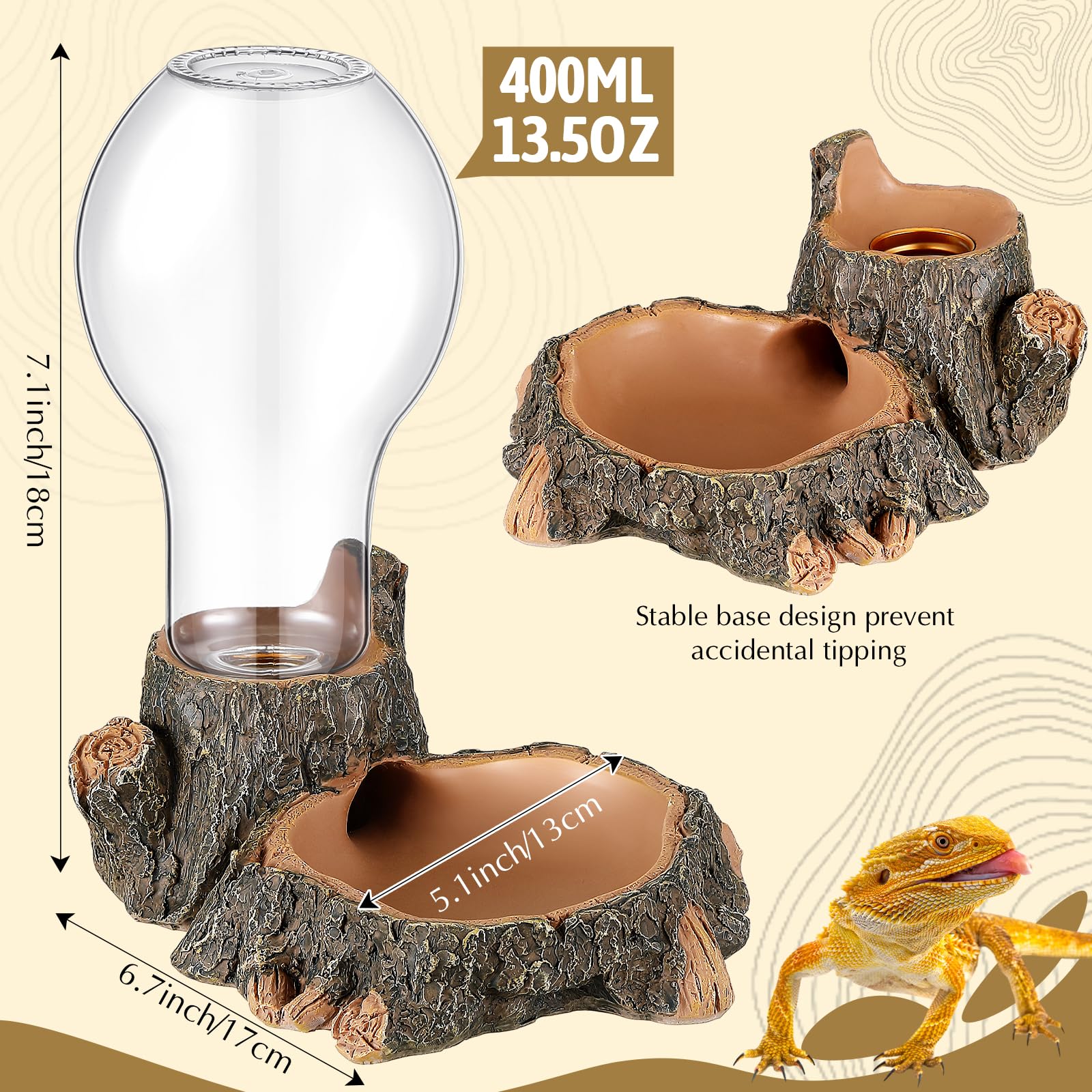 Briwooody 2 dispensadores automáticos de agua para reptiles de 13.5 onzas, cuenco grande de agua de dragón barbudo, plato de agua para reptiles, comedero de agua para tanque de terrario, tortuga,