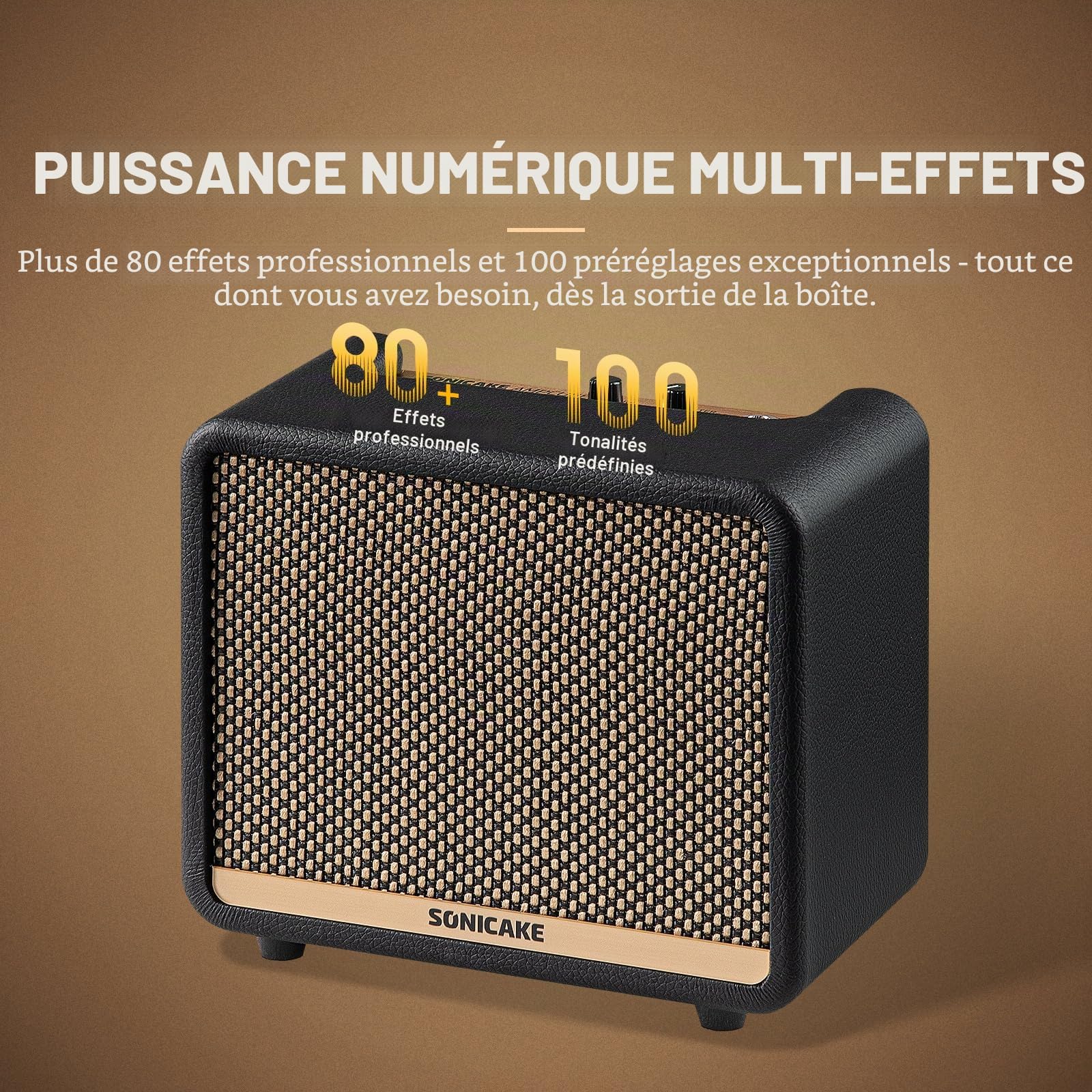 SONICAKE Amplificateur de guitare multi-effets numérique à double mode amplificateur d'entraînement 10W BT avec 100 presets 99 rythmes de batterie APP OTG AMPCUBE QAM-20