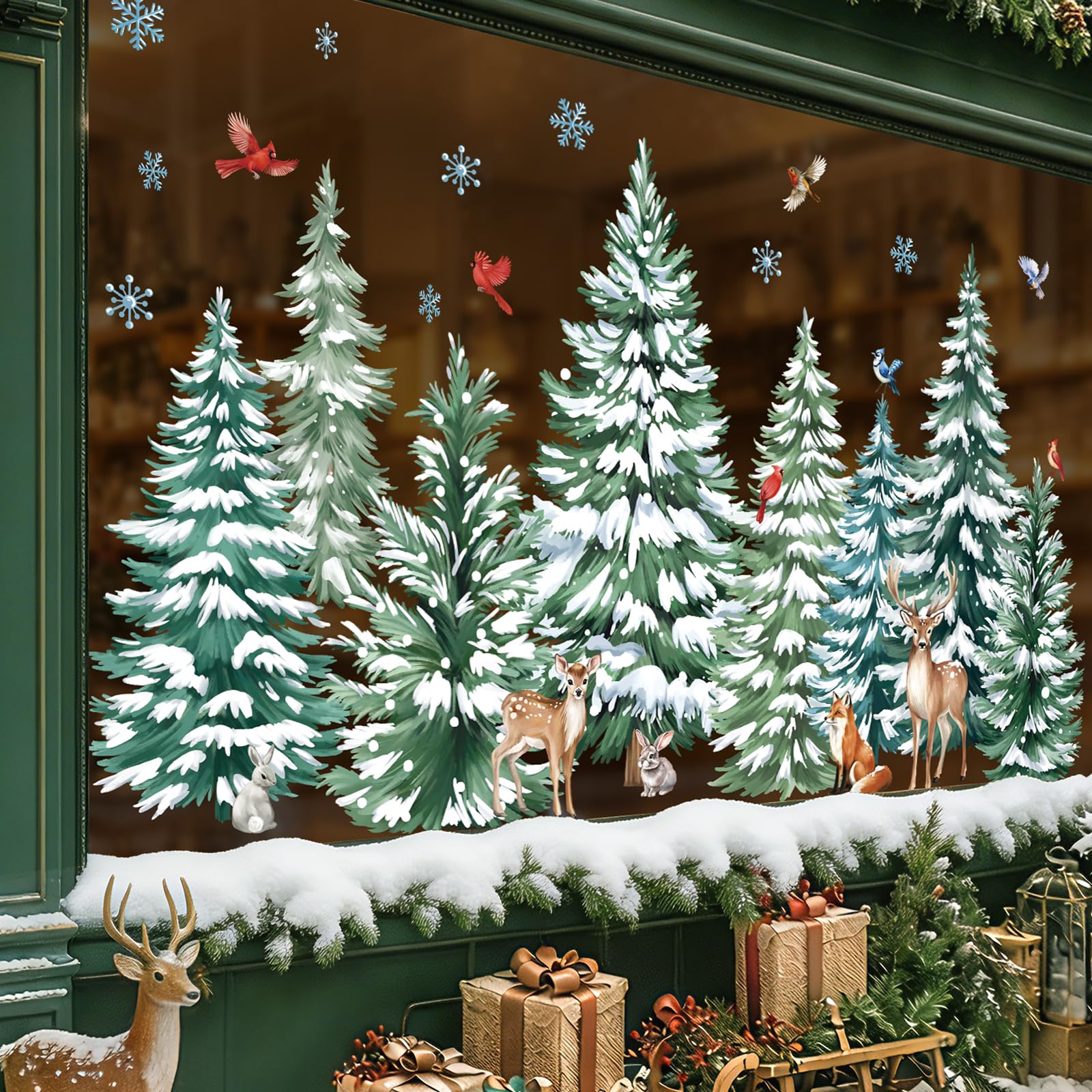 wondever Christmas Window Clings Decals Pine Trees Animals Glass Sticker