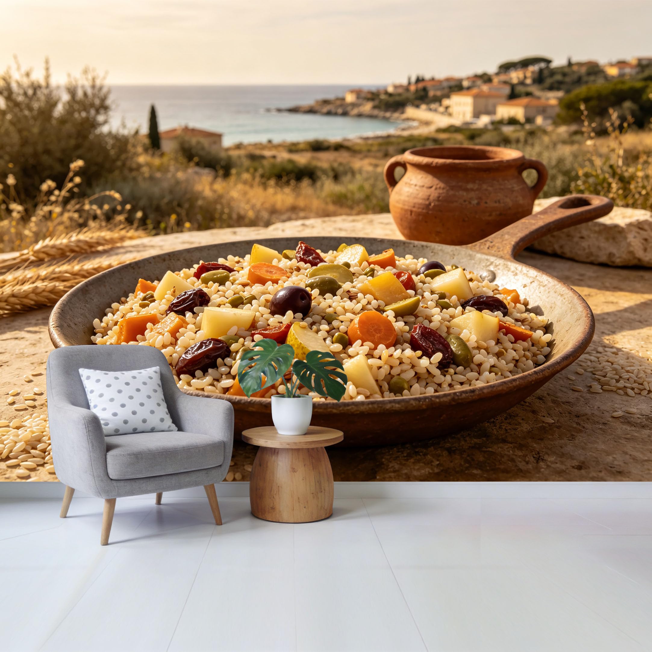 Custom Size Wall Mural Mediterranean Diet Healthy Grains Vegetables Landscape Coastal SelfAdhesive Wall Fabric Removable Wallpaper for Home Office Decor