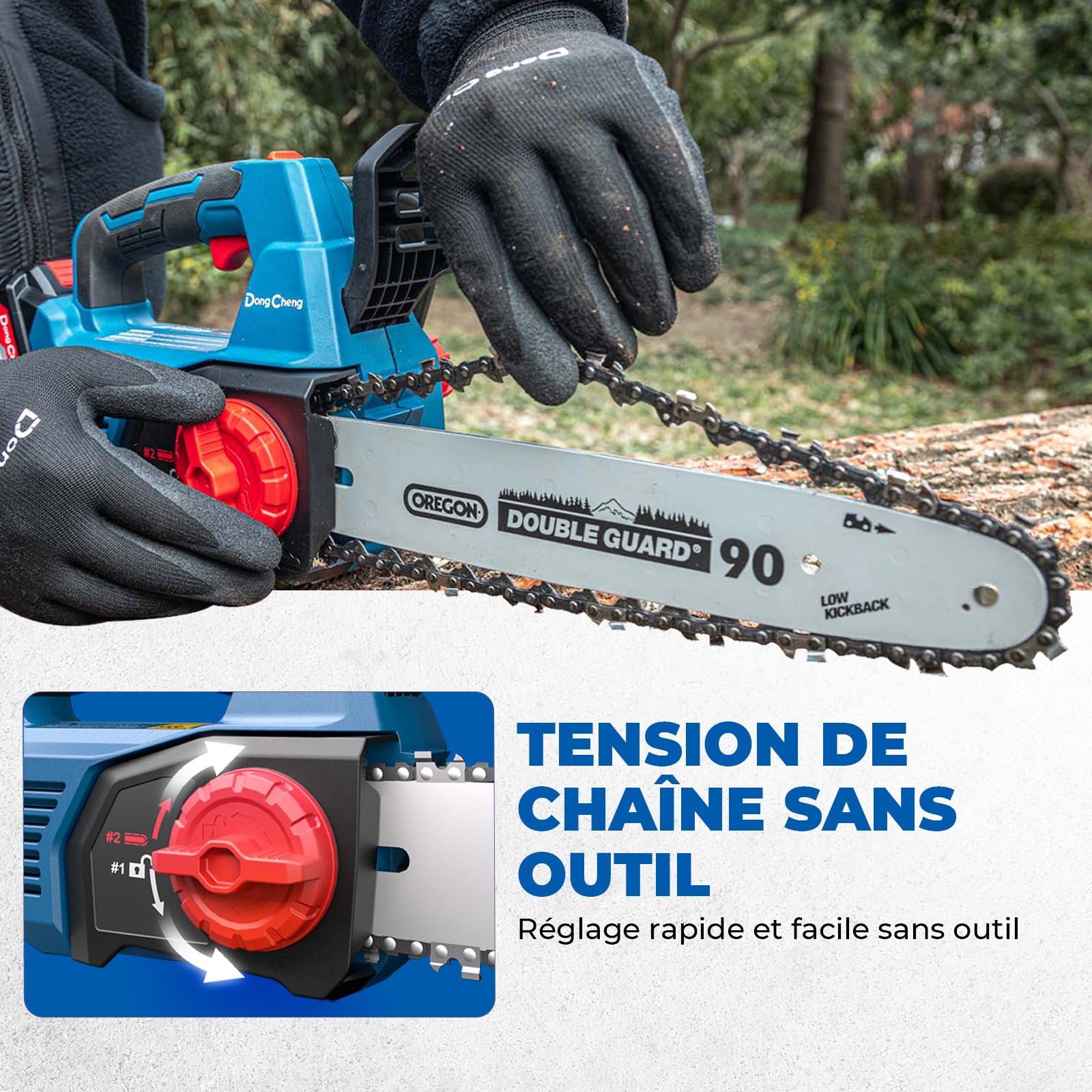 DongCheng tronçonneuse a batterie 20V, moteur sans balai, 12 m/s, guide OREGON 30cm, 2x4,0Ah. Tendeur sans outil, graissage auto. 2kg (sans batterie) – léger & silencieux. Jardin, bois, branches