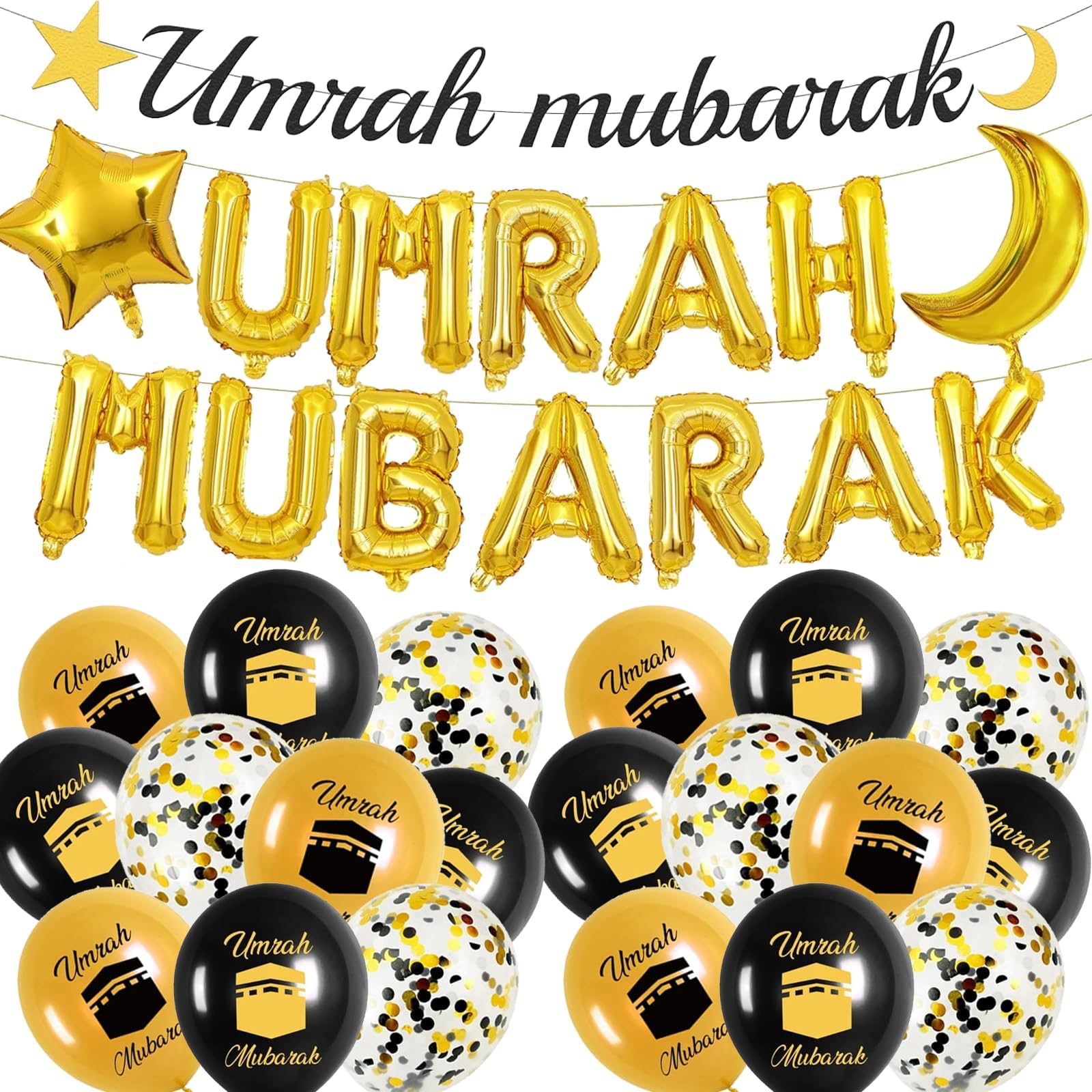 – Umrah Mubarak Decorations - 35 Pcs Eid Decorations UMRAH MUBARAK Letter Star & Moon Foil Balloons Black Gold Latex Balloon For Ramadan Party Supplies