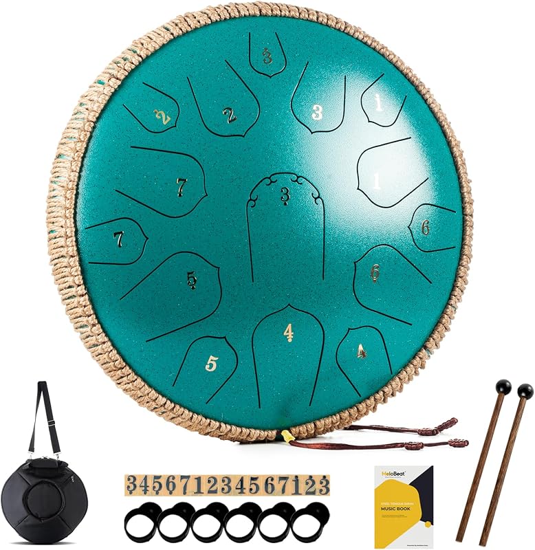 MeloBeat Tongue Drum 14" 15 Hangú - Professzionális Acél Handpan D-dúrban, Dalkönyvvel, Ütőkkel és Hordtáskával (Zöld) - 14 Zoll, Green