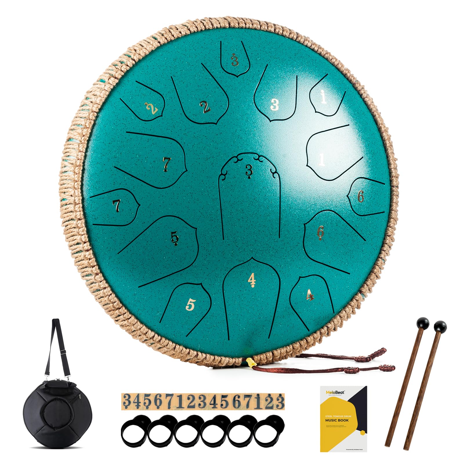 MeloBeat Tongue Drum Handpan - Tambour à Langue 14 Pouces 15 Notes - Ensemble Professionnel de Tambour a Langue en Acier en Ré Majeur Inclus Livre de Chansons de Tambour à Langue, D key (Vert)