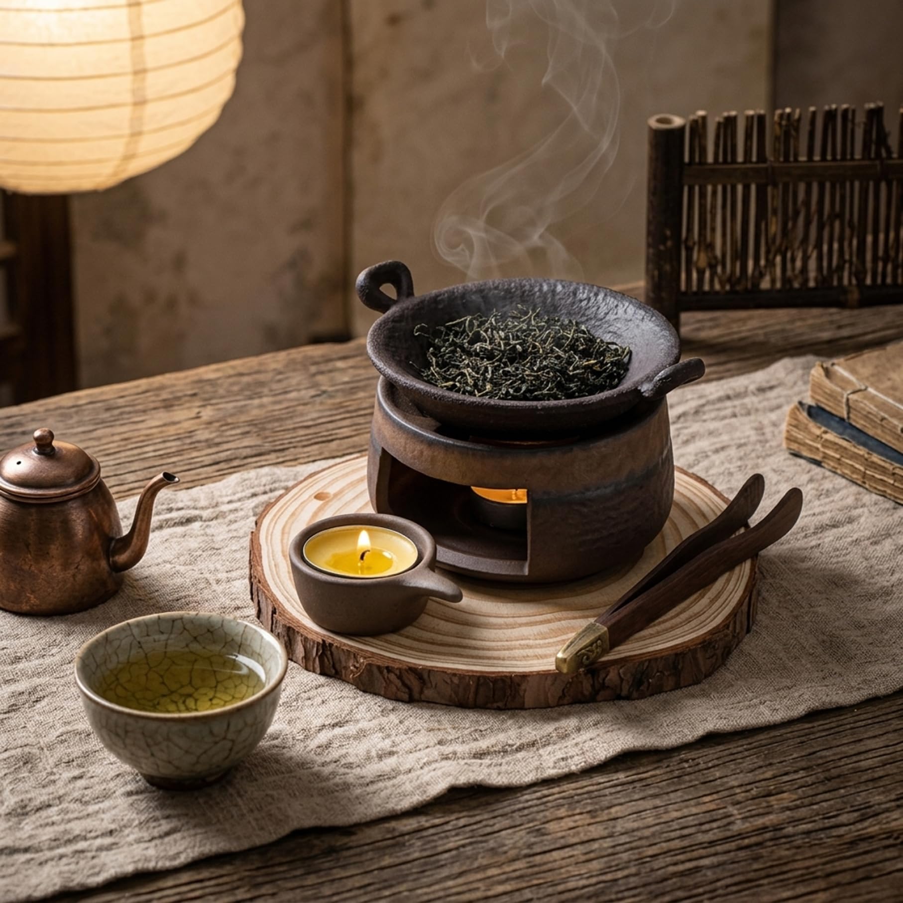 Quemador de Incienso de cerámica, Calentador de Aceite Esencial de cerámica Hecho a Mano con tapete de Pino y Pinzas, Doble Uso para derretir Cera y Calentar té, decoración del hogar Zen para relajac