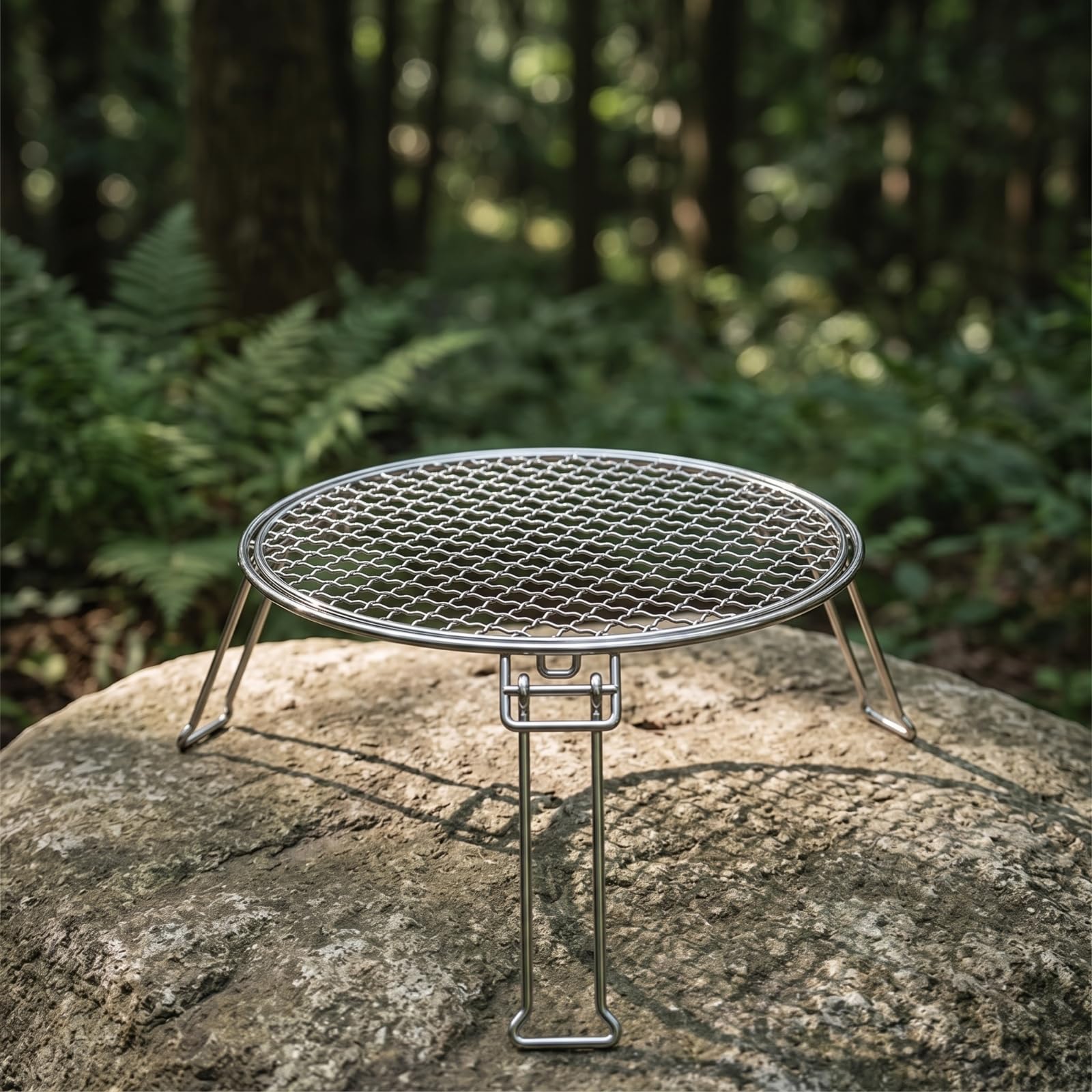 Outdoor Folding Grill Griglia da Campo Pieghevole Tonda Graticola Portatile con Gambe Collassabili Struttura Compatta Acciaio Inox Superficie