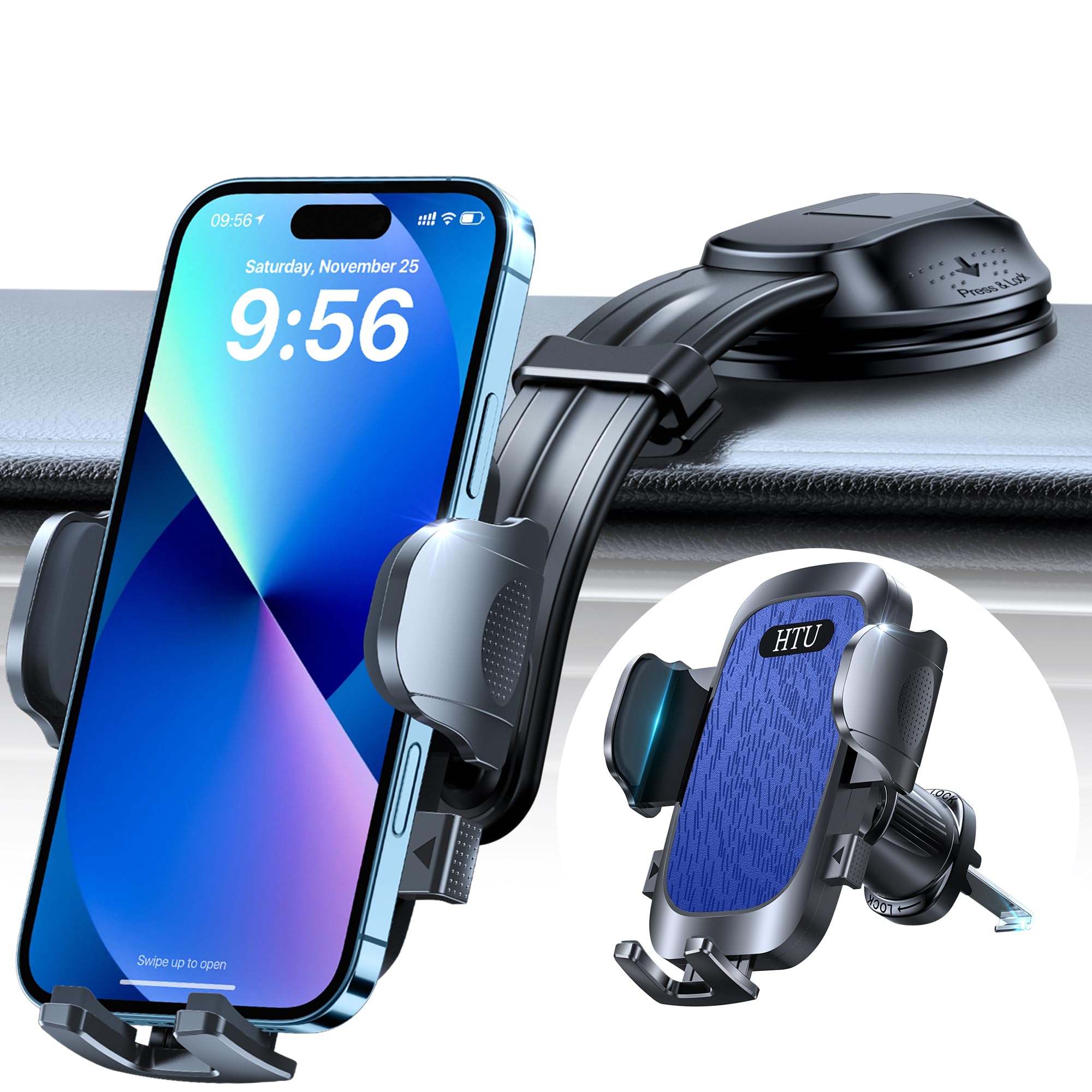 HTU Upgraded Strongest Suction Car Phone Holder Bendable Arm, Never Block View Rotatable Cellphone Mount for Dashboard Windshield Vent, Cradle Stand