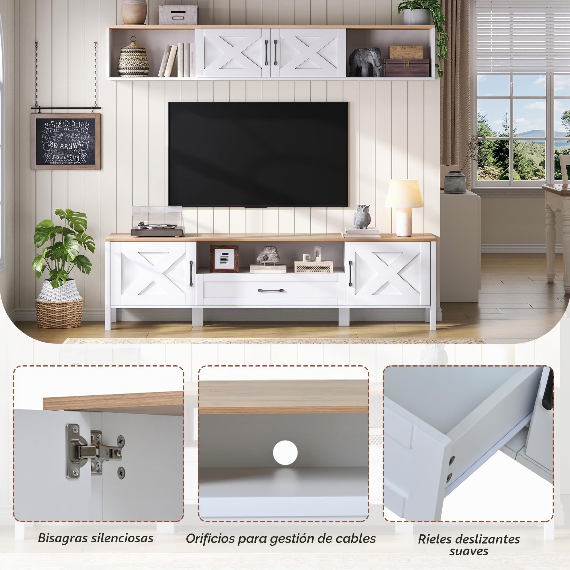 Conjunto de Muebles de Salón Juego de Mueble para TV de 2 Piezas, Mueble de Comedor con 4 Puertas y 1 Cajón, Mesa de TV 180cm, Mueble TV de 80 Pulgadas, 180x40x50 cm, Blanco