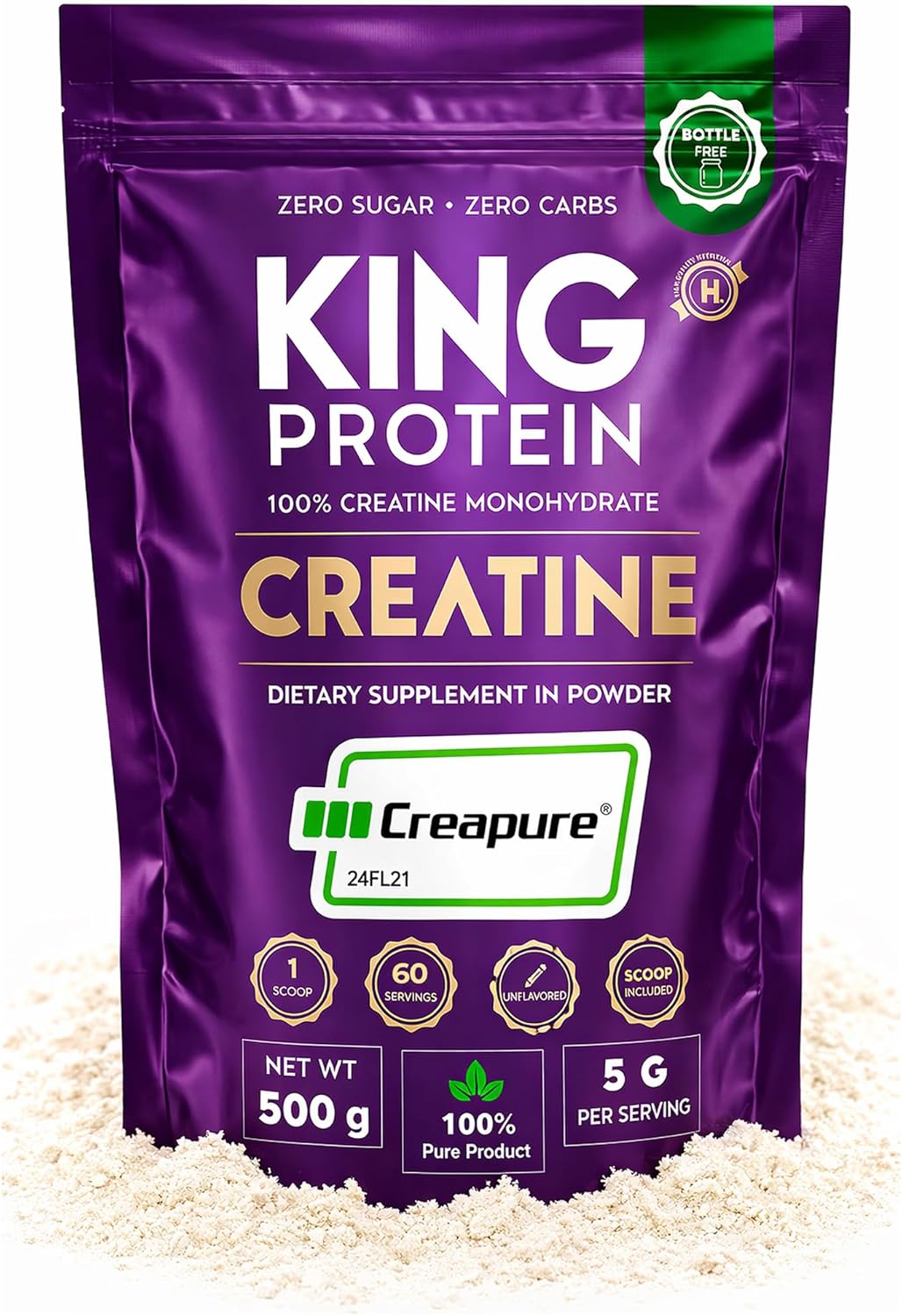 100% Pure Unflavored Creatine Monohydrate Powder | 5g per Serving | Vegan & Sugar Free | Creapure® Monohydrate Creatine Powder & Scoop Included | 500g Bulk Bag, 100 Servings