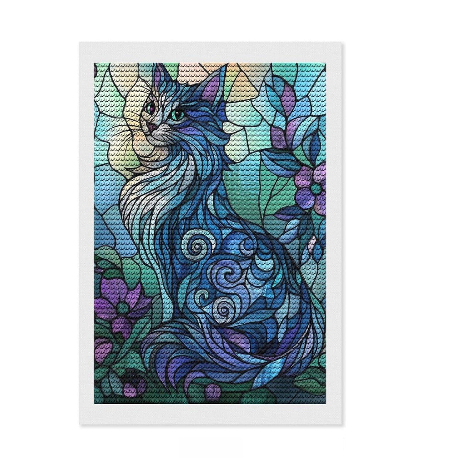 Junmoney Stained Glass Cat Diamond Painting Kit 8"x12", for Teens, Living Room Decor, Calming Craft to Unwind, Holiday Gift Idea