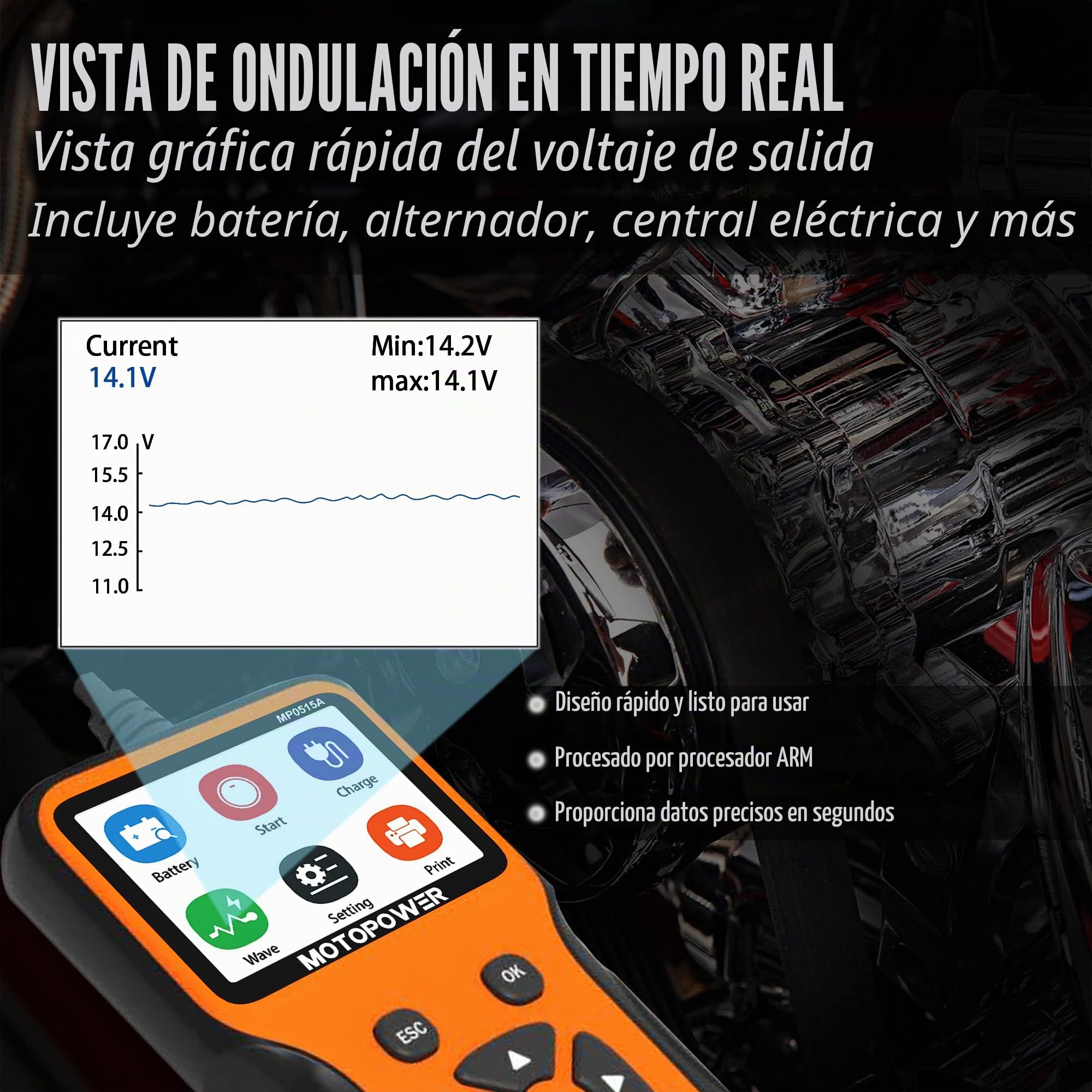 MOTOPOWER MP0515A 12V Probador de carga de batería de coche y analizador de alternador