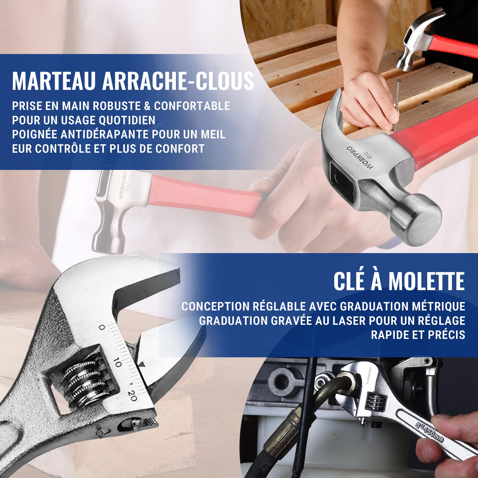 WORKPRO Kit d'Outils Maison 160 Pièces avec Mallette de Rangement | avec Tournevis, Pinces, Clés, Marteau et Cliquet, Idéal pour Bricolage et Entretien Domestique