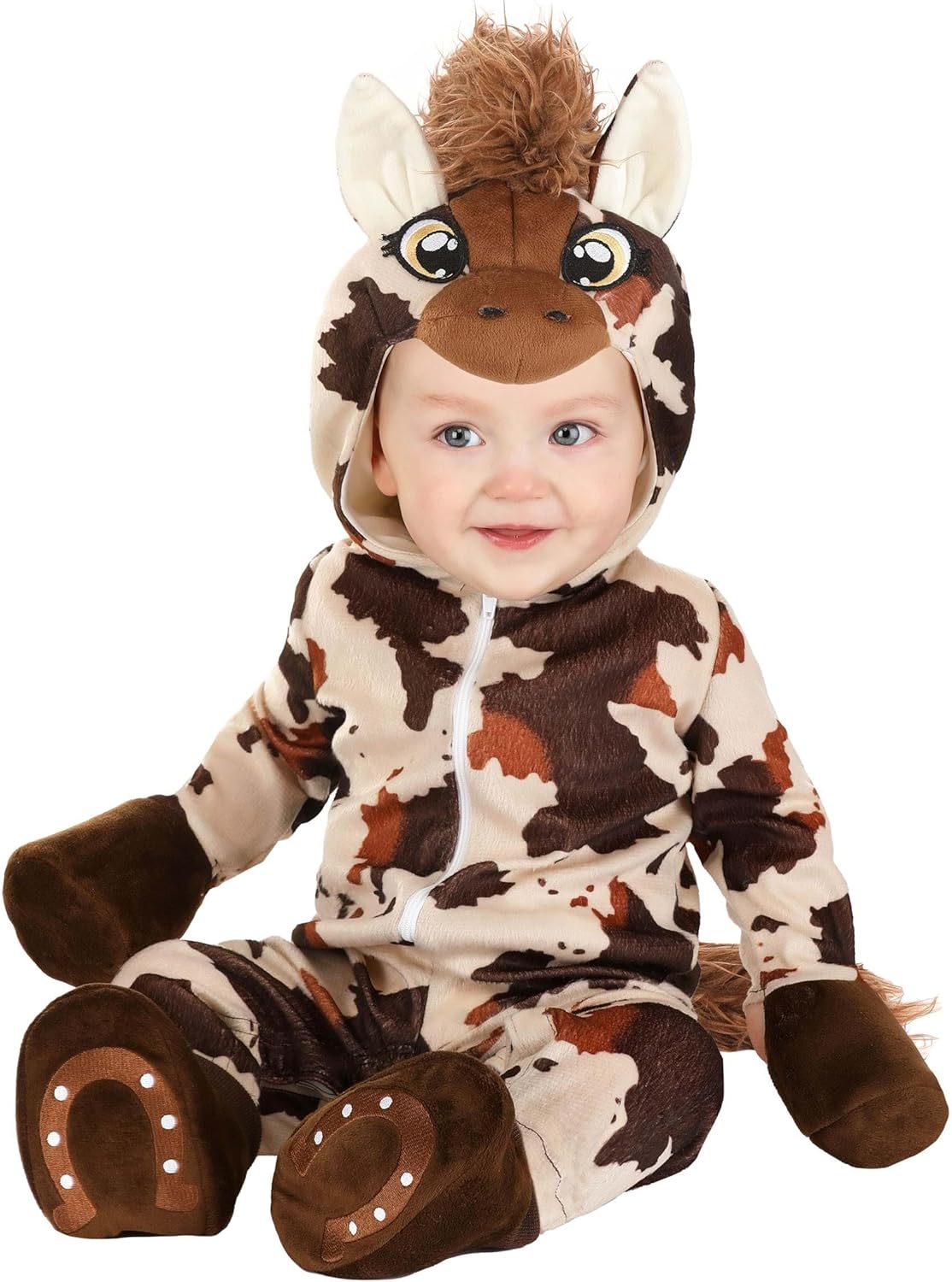 Infant Deluxe Brown Spotted Horse Costume | Cute Baby Pony Hooded Jumpsuit for Halloween or Photoshoots