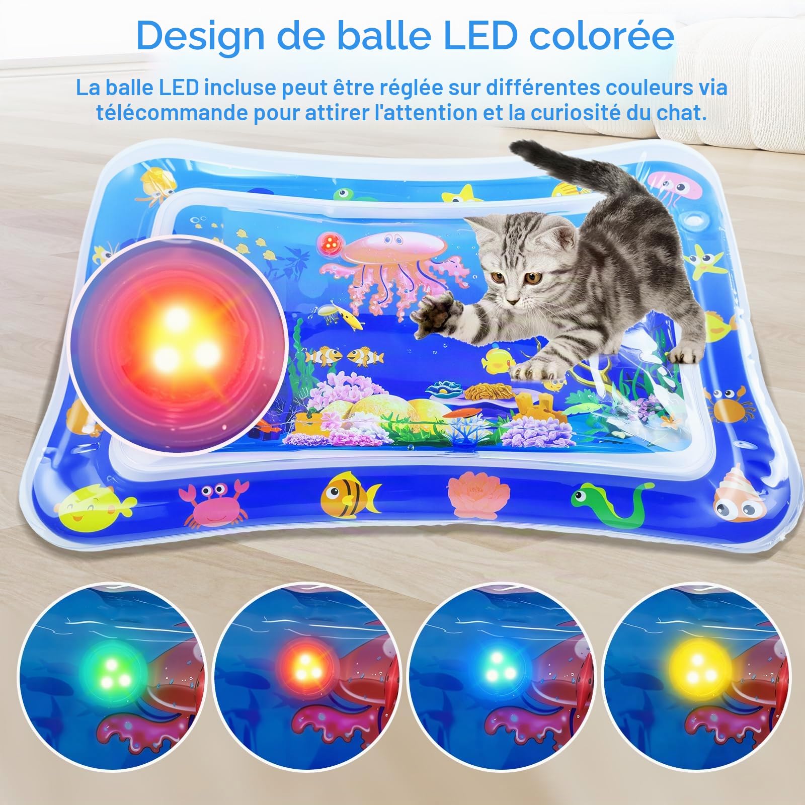 KATELUO Tapis de Jeu Aquatique Chat, LED Tapis Sensoriel d'eau Chats, Tapis d'eau Gonflable pour Chat, Tapis d'eau Interactif d'été pour Chats, Utilisable à l'intérieur et à l'extérieur en été