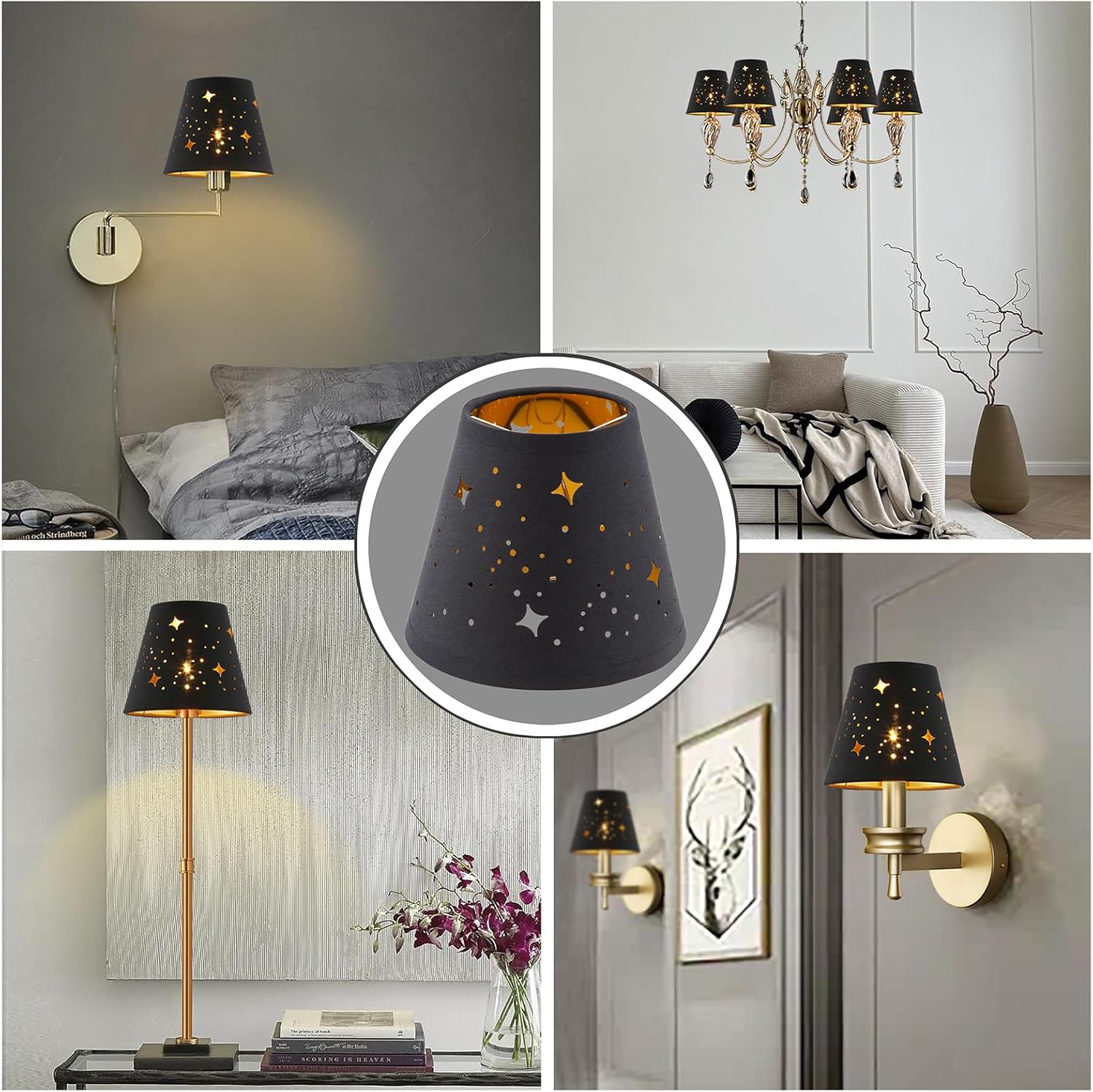 Chandelier shades set of 6, Small lamp shades clip on bulb,mini lamp shade 3" X 6" X 5" with black linen fabric gold Hardback(Black 1, 6)