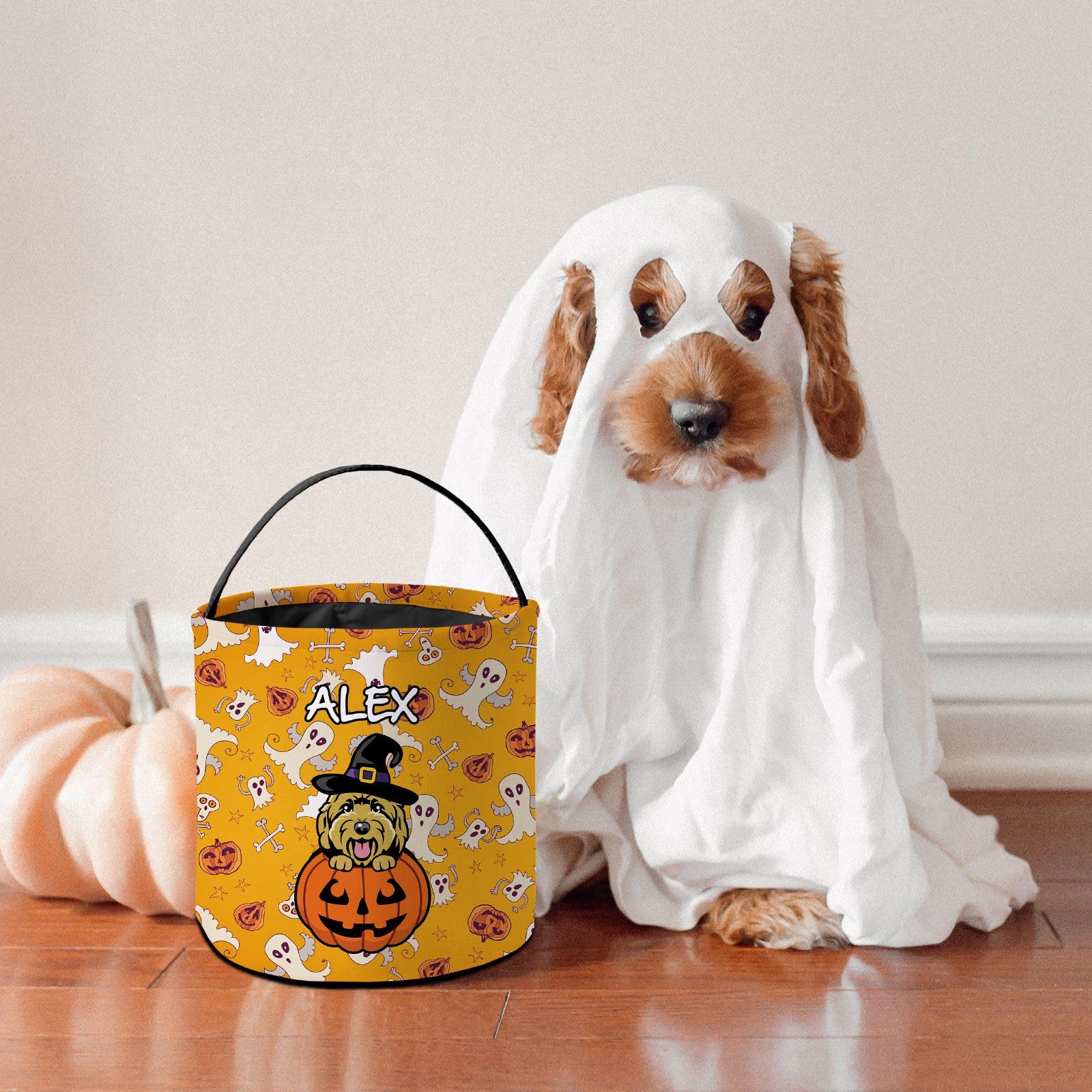 Personalized Halloween Trick Or Treat Bag - Dog Ghost Pumpkin Design Canvas Bucket (Purple, 9x9.8") - View #3