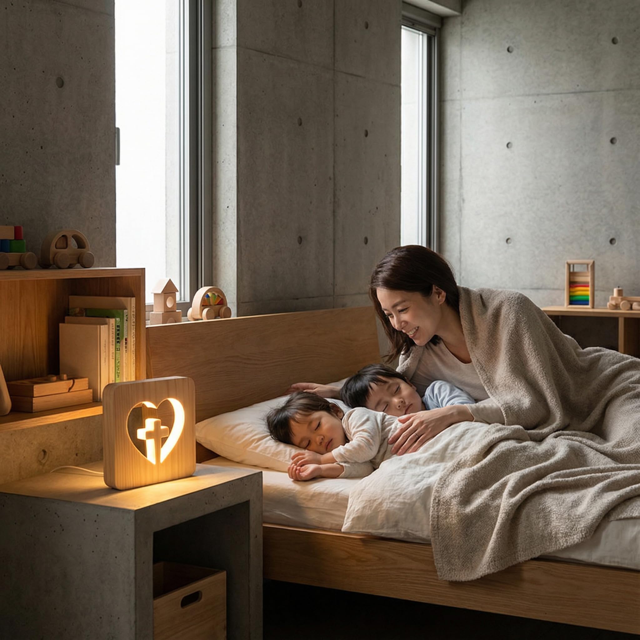 Lámpara de Mesa Cruz Madera – Luz de Noche Infantil Quitamiedos LED Cálida – Lámpara Cubo Cuadrada Decoración Religiosa Moderna – Regalo Original Primera Comunión Niña y Niño, Bautizo y Bebé