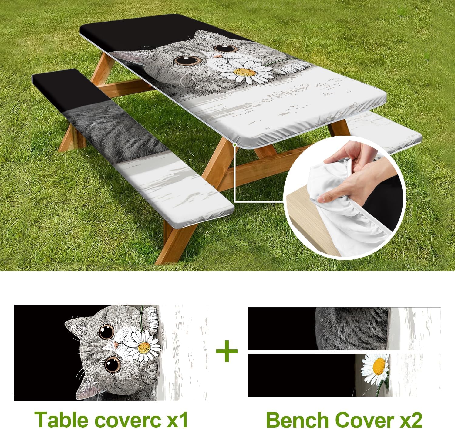 3-Piece Picnic Table Cover Set with Bench Covers,Elastic Fitted Camping Tablecloths for 6Ft Rectangular Tables,Snowman Winter Tablecloth Cover (Cat, 72in)