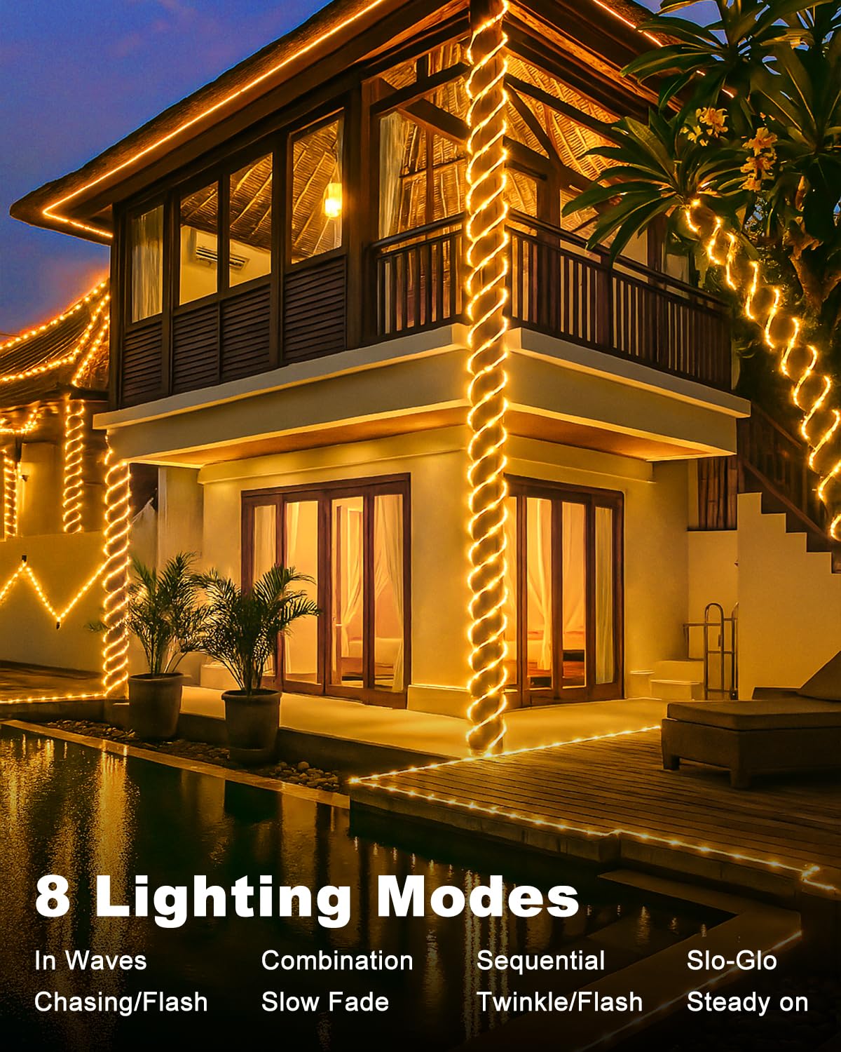 Btfarm Manguera de luces solares para exteriores, resistente a la intemperie, 10 m, 100 LED, tubo de luz solar para exteriores, IP65, resistente al agua, 8 modos, para jardín, terraza, valla, patio