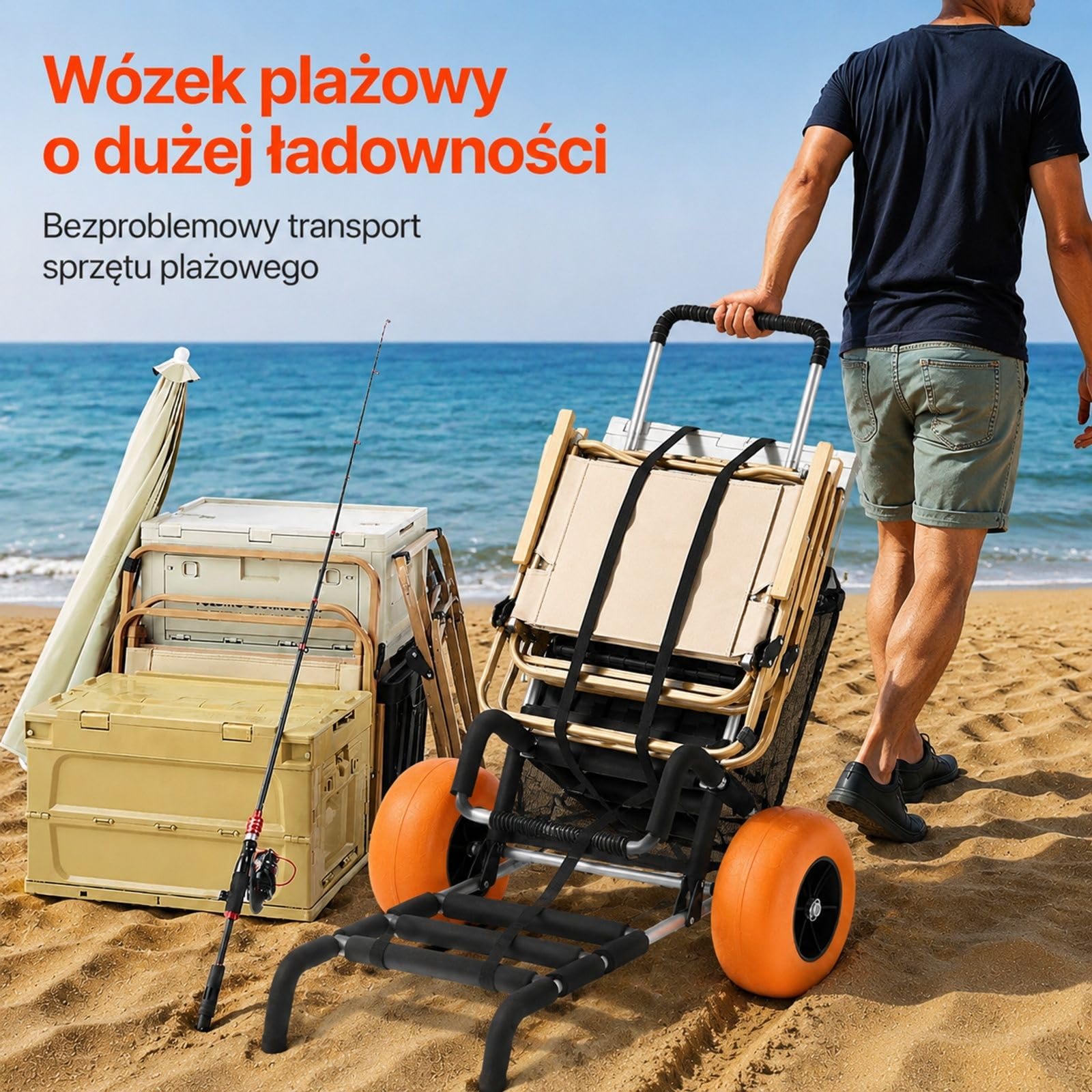 Składany wózek plażowy z aluminium, regulowany uchwyt, duże koła i platforma ładunkowa do pia ogrodu