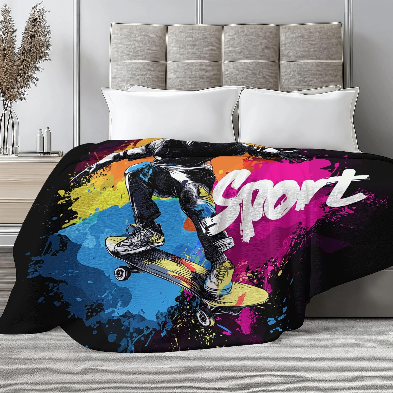 Czarny, ultramiękki koc flanelowy, narzuta 221 x 239 cm, pluszowy i ciepły, abstrakcyjny, graffiti, deskorolka, sport, nadruk, lekki koc na łóżko, na sofę, do podróży i dla dzieci i dorosłych, 220 x
