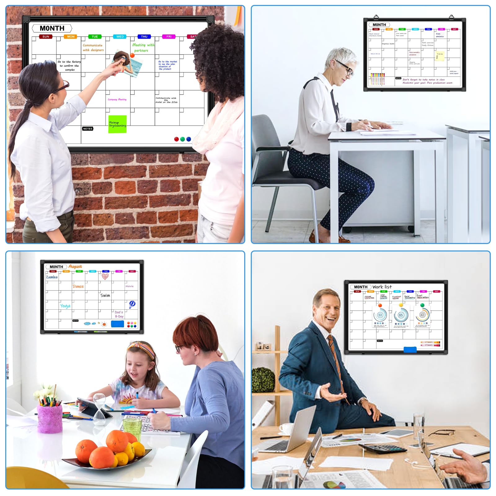 Pizarra blanca para pared de 24 x 18 pulgadas, calendario mensual de borrado en seco con marco de aluminio negro, pizarra de borrado en seco para oficina, hogar y escuela