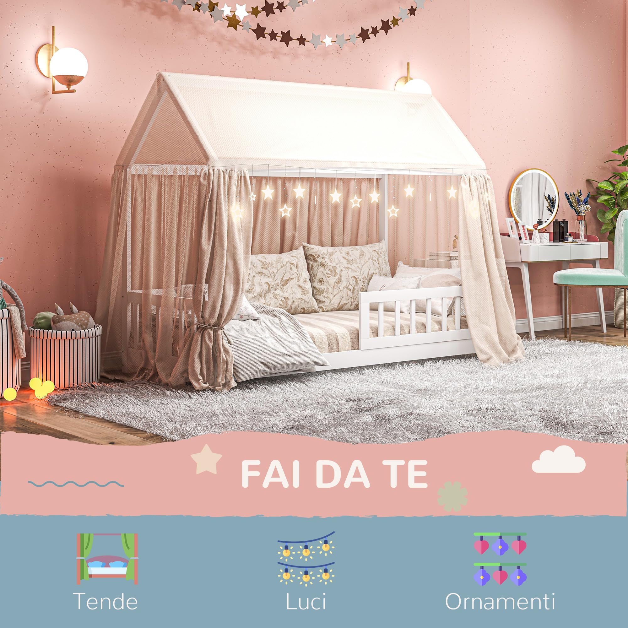 HOMCOM Letto Montessori per bambini a Casetta, 90x190 cm Letto per Bambini a Forma di Casa con 15 Doghe, Struttura in Legno di Pino e Barriere di Protezione per Cameretta, Bianco