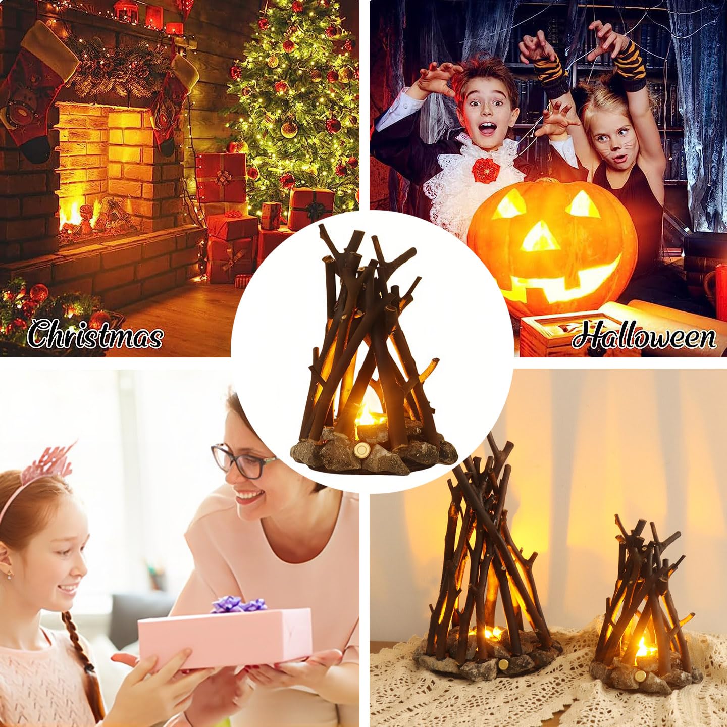 Luz de Hoguera Retro con Efecto de Hoguera de Campamento Lámpara de Llama LED Recargable Forma de Rama de Árbol 3 Modos Seguridad Interior Exterior para Sobremesa Hogar Decoración Navideña