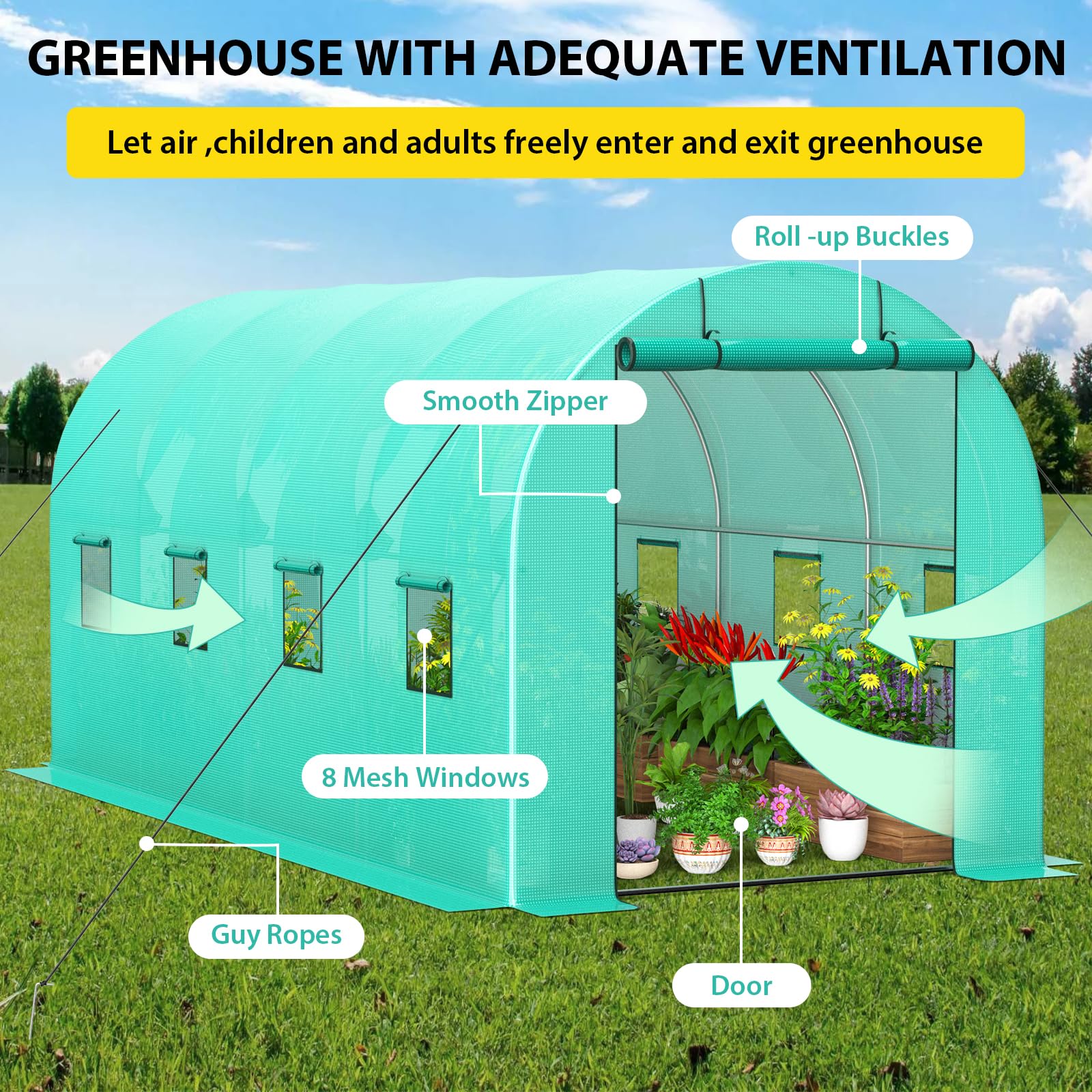 Invernadero túnel de jardinería - 15x7x7 pies con Estructura galvanizada - Cubierta PE Verde Resistente, Puerta Enrollable y 8 Ventanas con Malla - Ideal para Cultivo al Aire Libre /